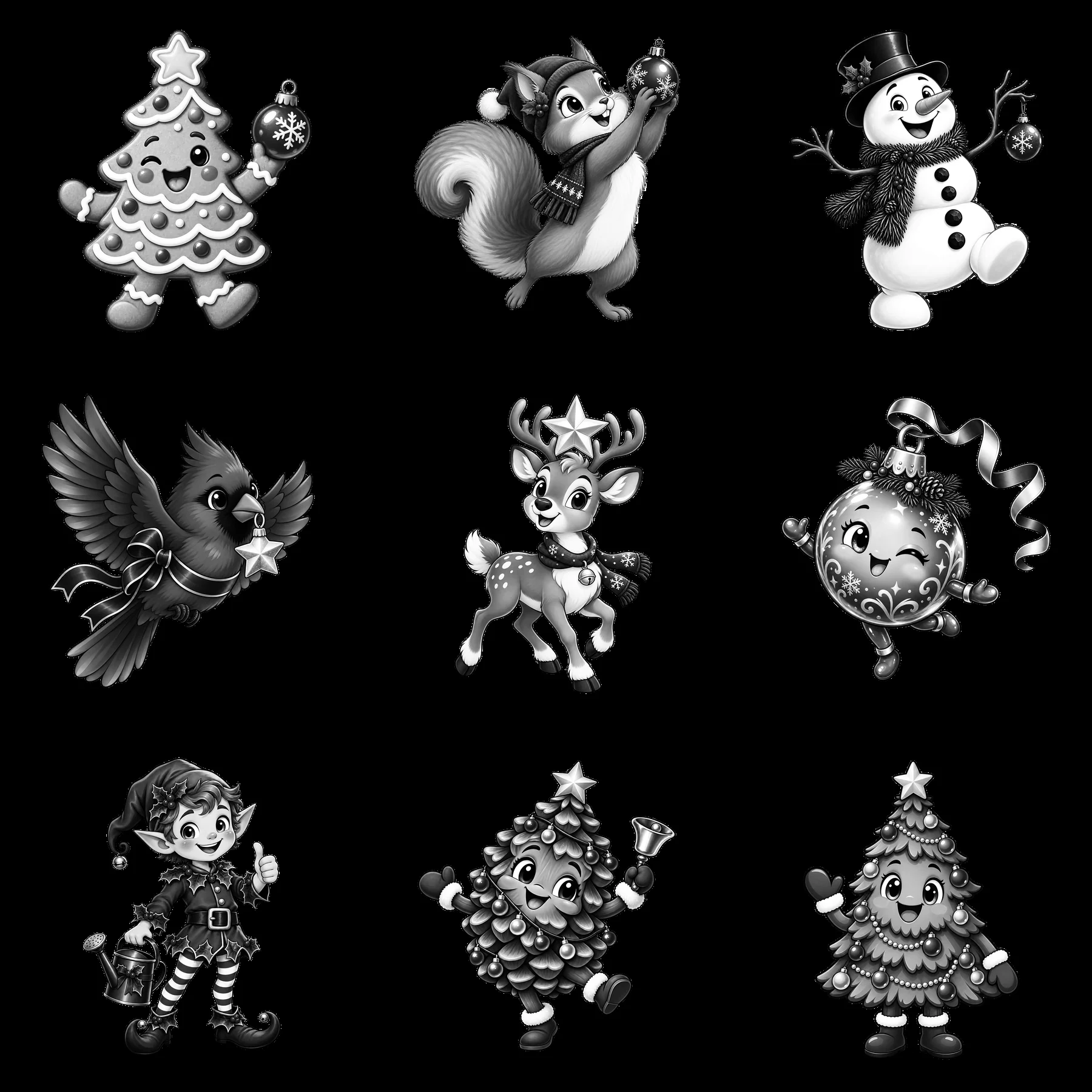 Christmas characters around a Christmas tree in monochrome design - AI-generated stock image
