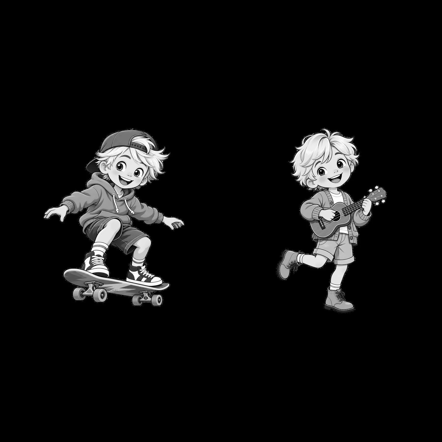 Blond child skating and playing guitar in black-and-white illustration - AI-generated stock image