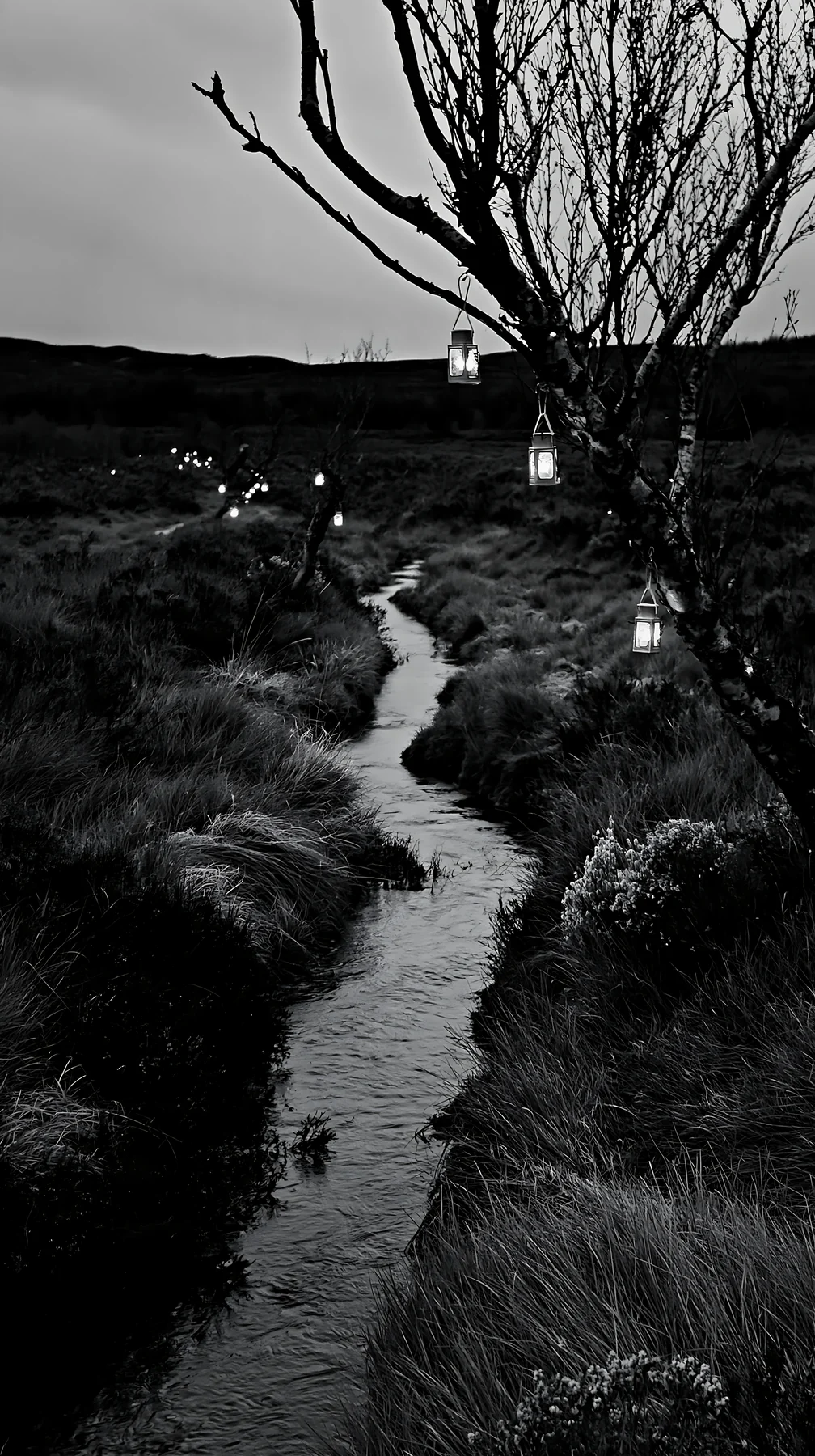 Christmas lights beside stream in meadow - AI-generated stock image