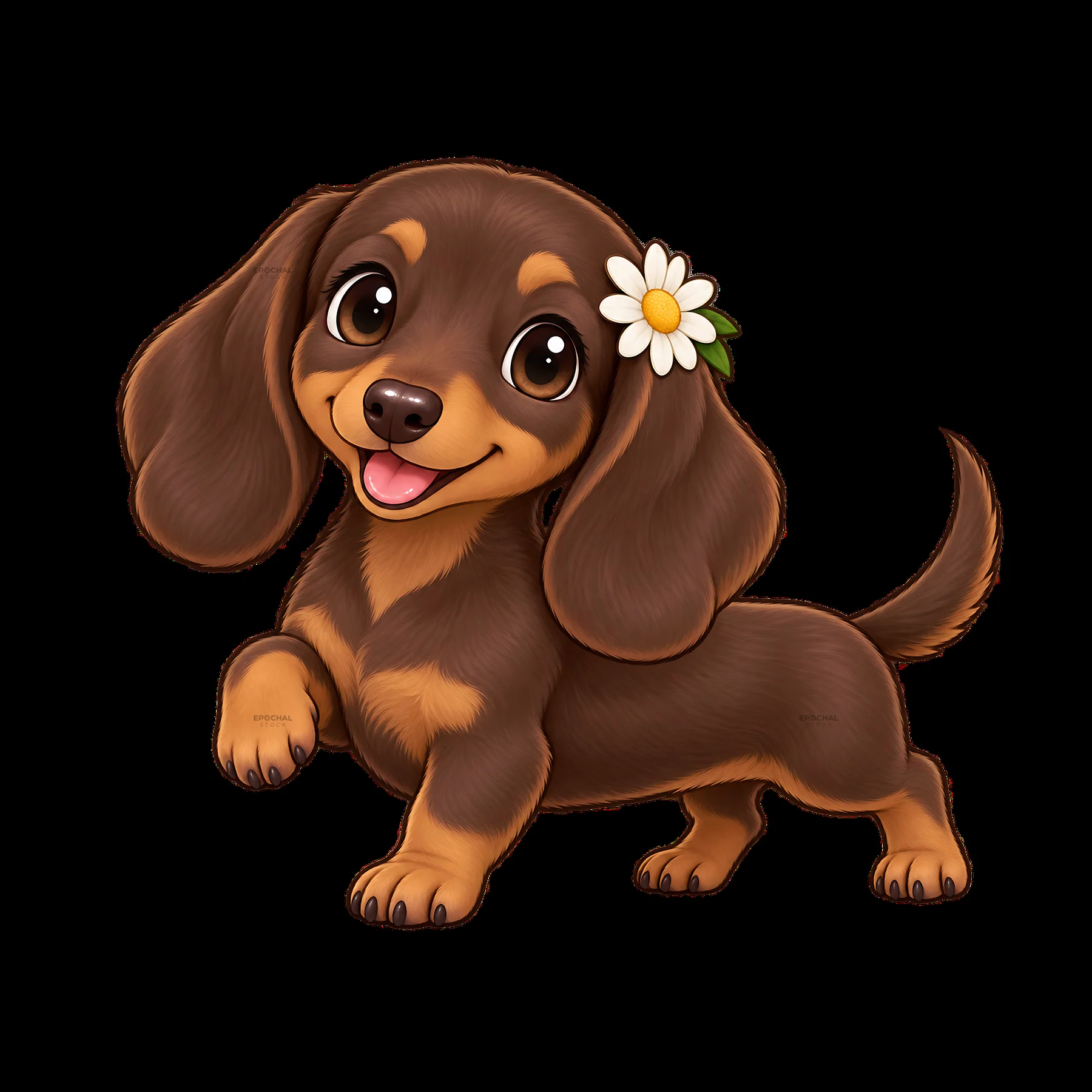 Cute brown dachshund with a flower, happy and playful - AI-generated stock image