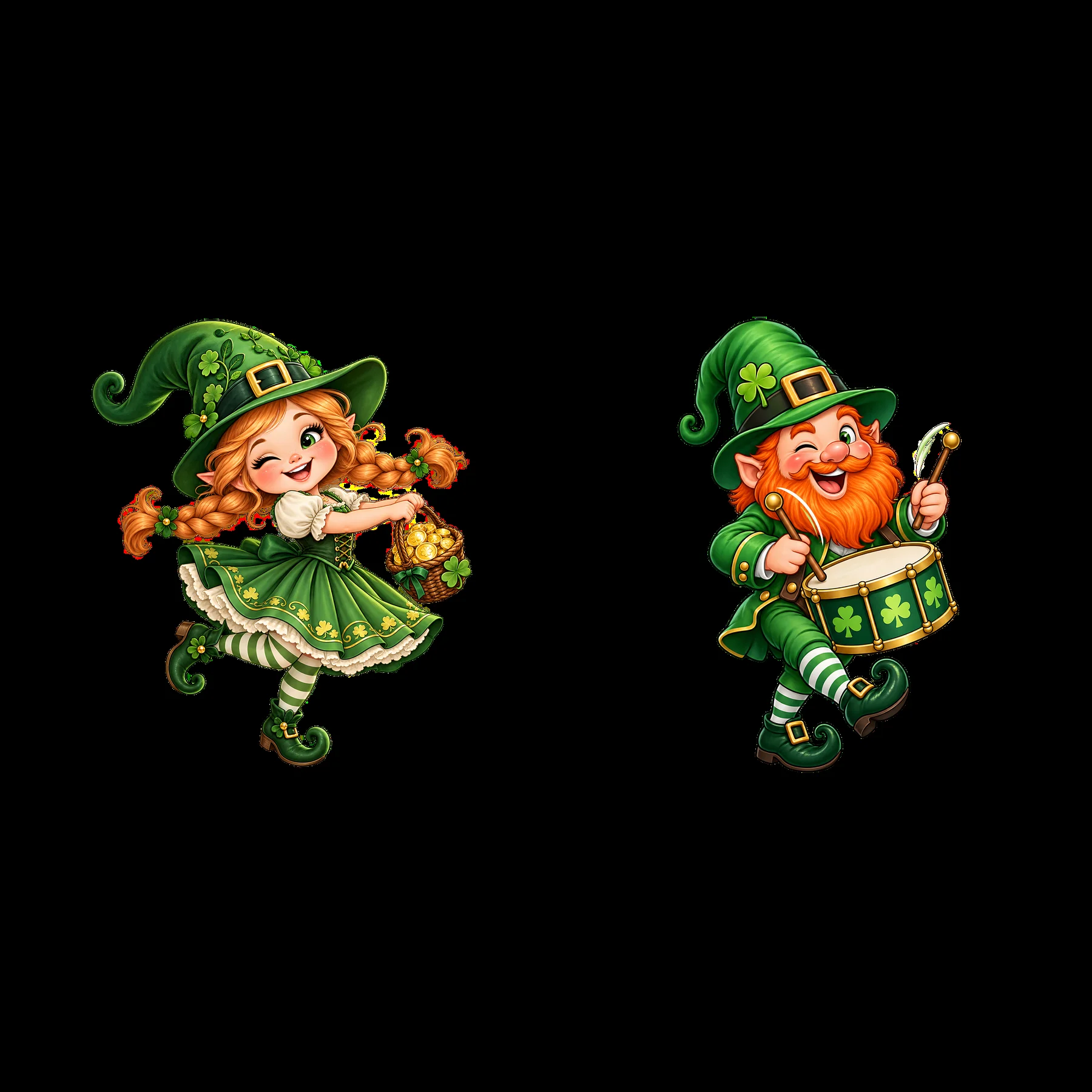 St. Patrick's Day gnome couple with basket and drum - AI-generated stock image