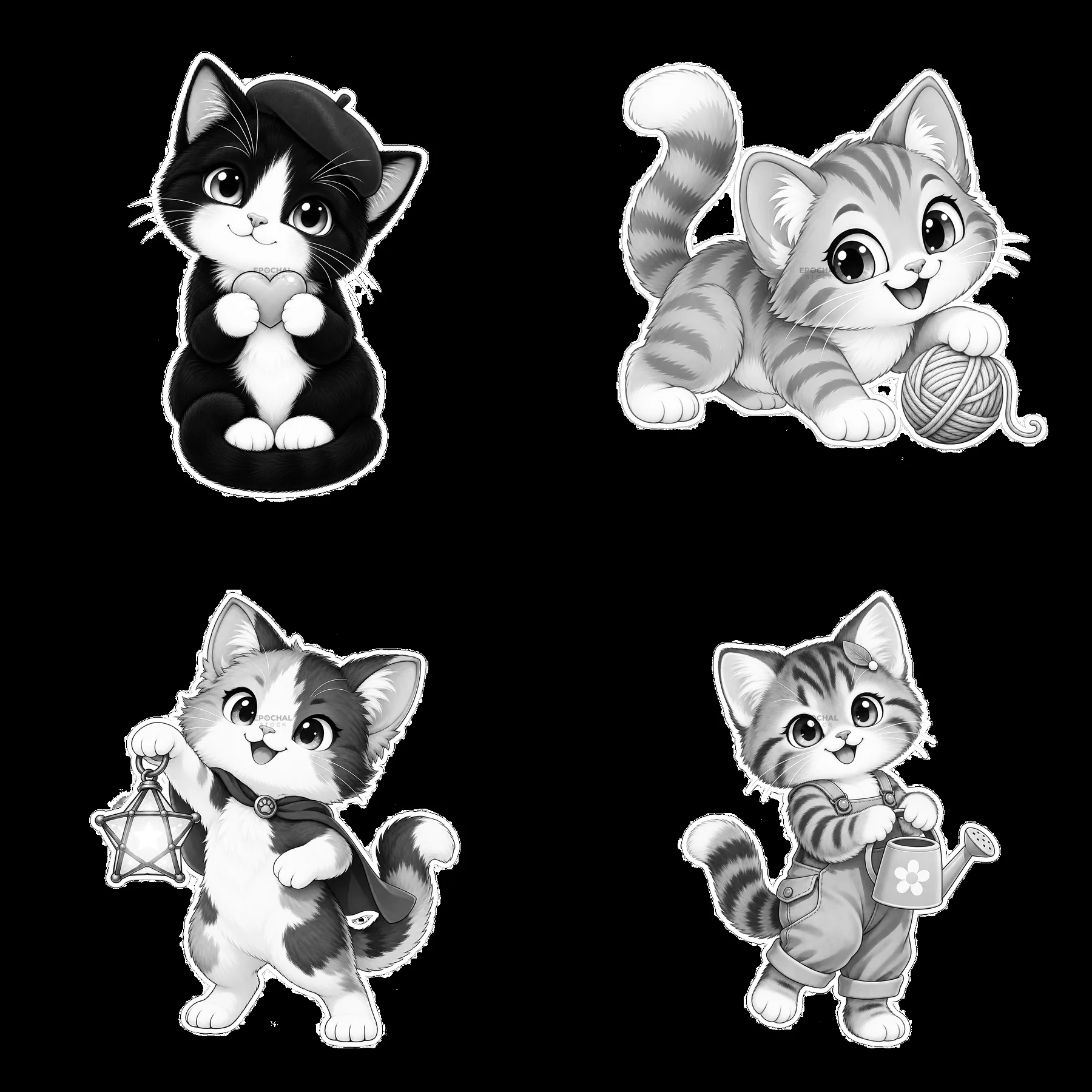 Four cute kawaii cats with different activities and accessories - AI-generated stock image