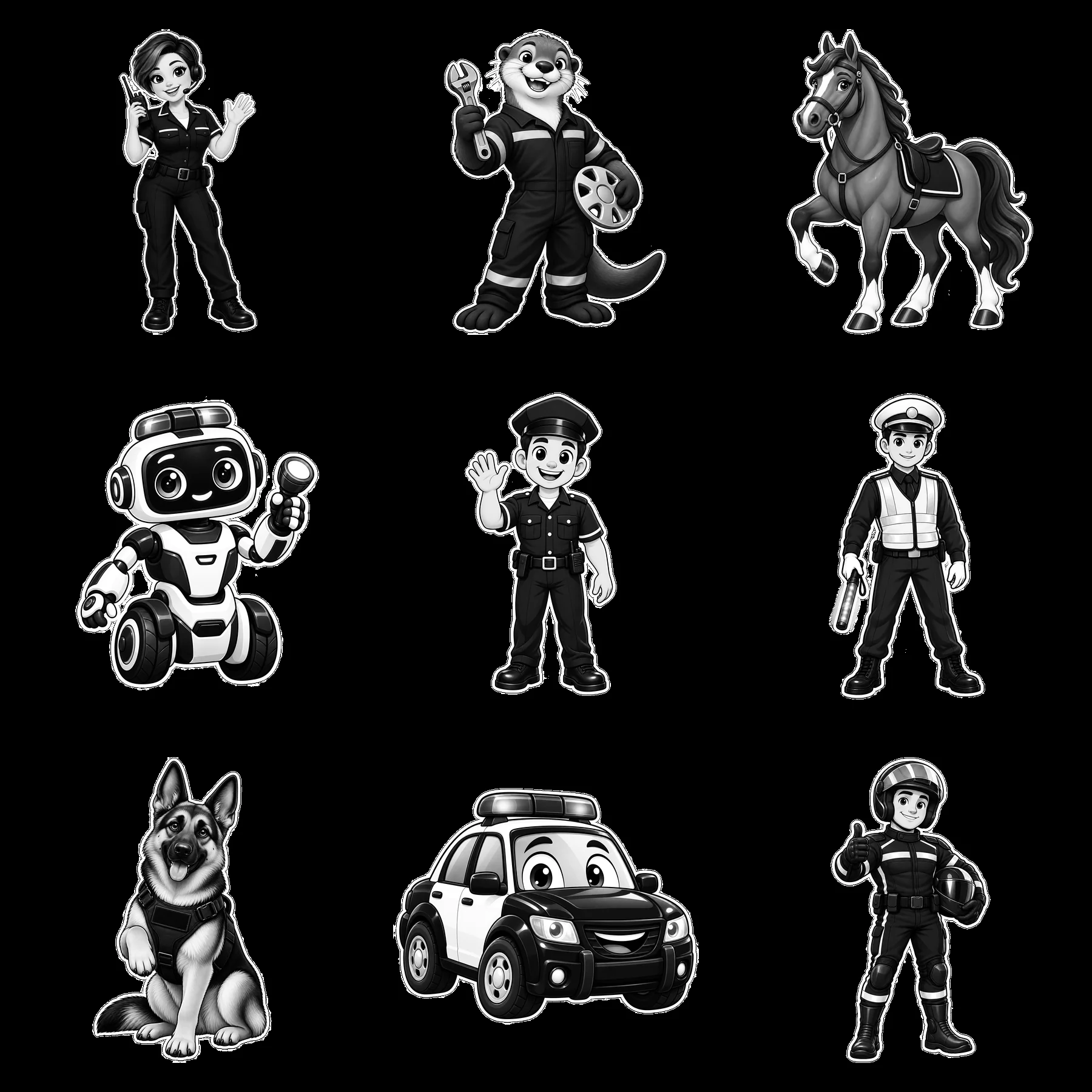 Cartoon police-themed characters and elements in a grid layout - AI-generated stock image
