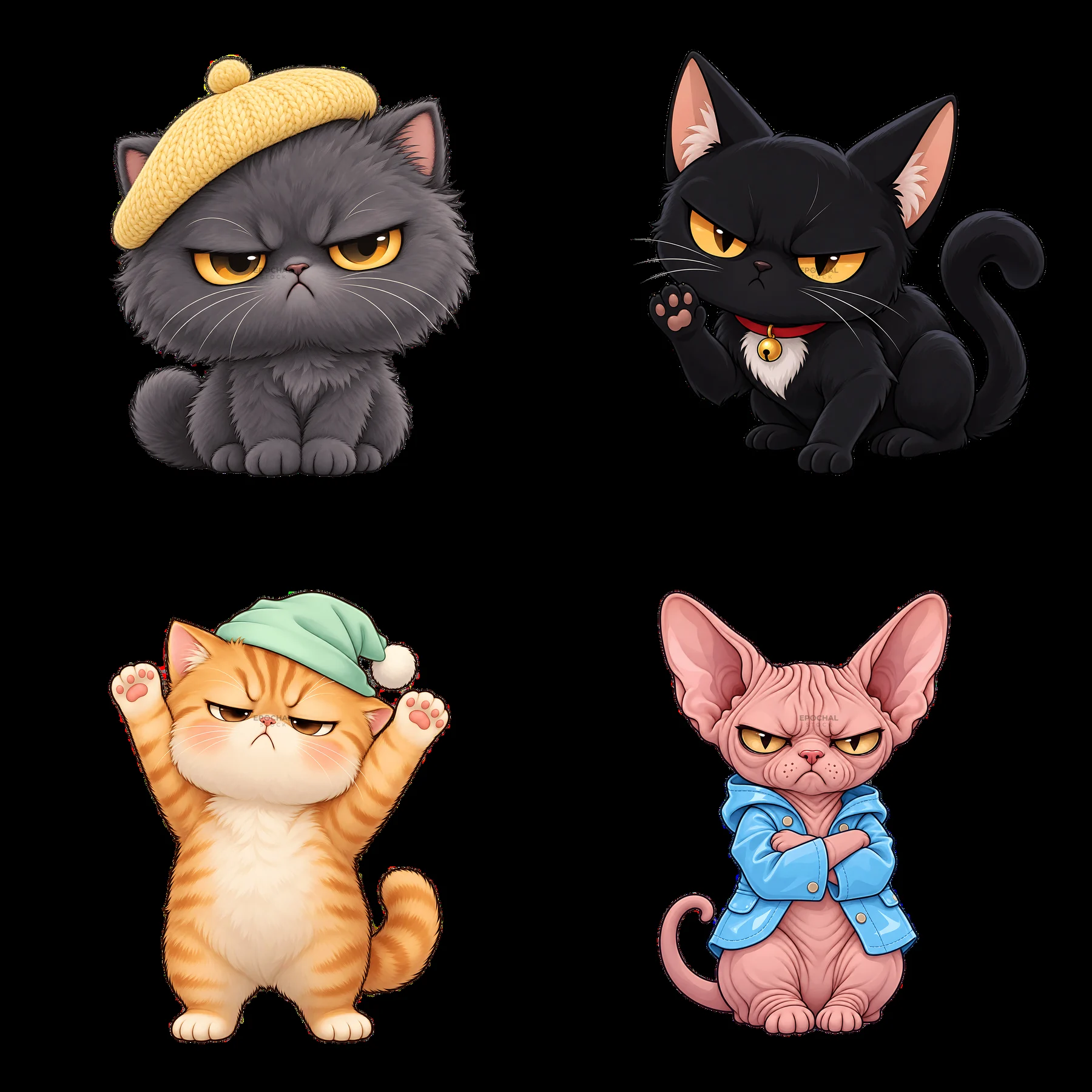 Kawaii grumpy cats in a 2x2 layout with distinct expressions - AI-generated stock image