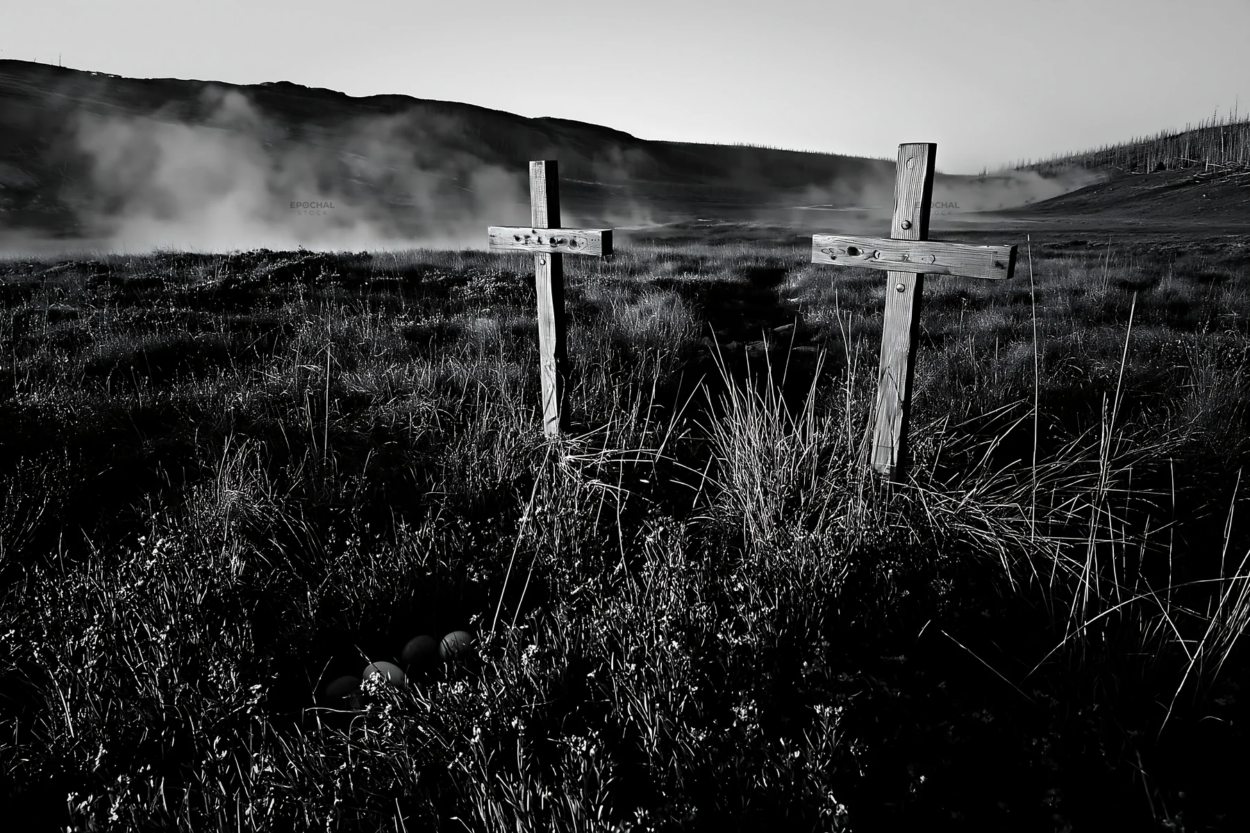 Crosses near thermal spring meadow in black and white - AI-generated stock image