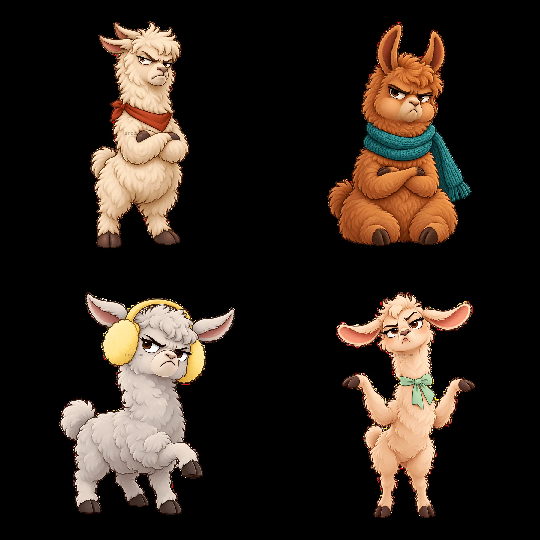 Grumpy cartoon llamas with different expressions and accessories - AI-generated stock image