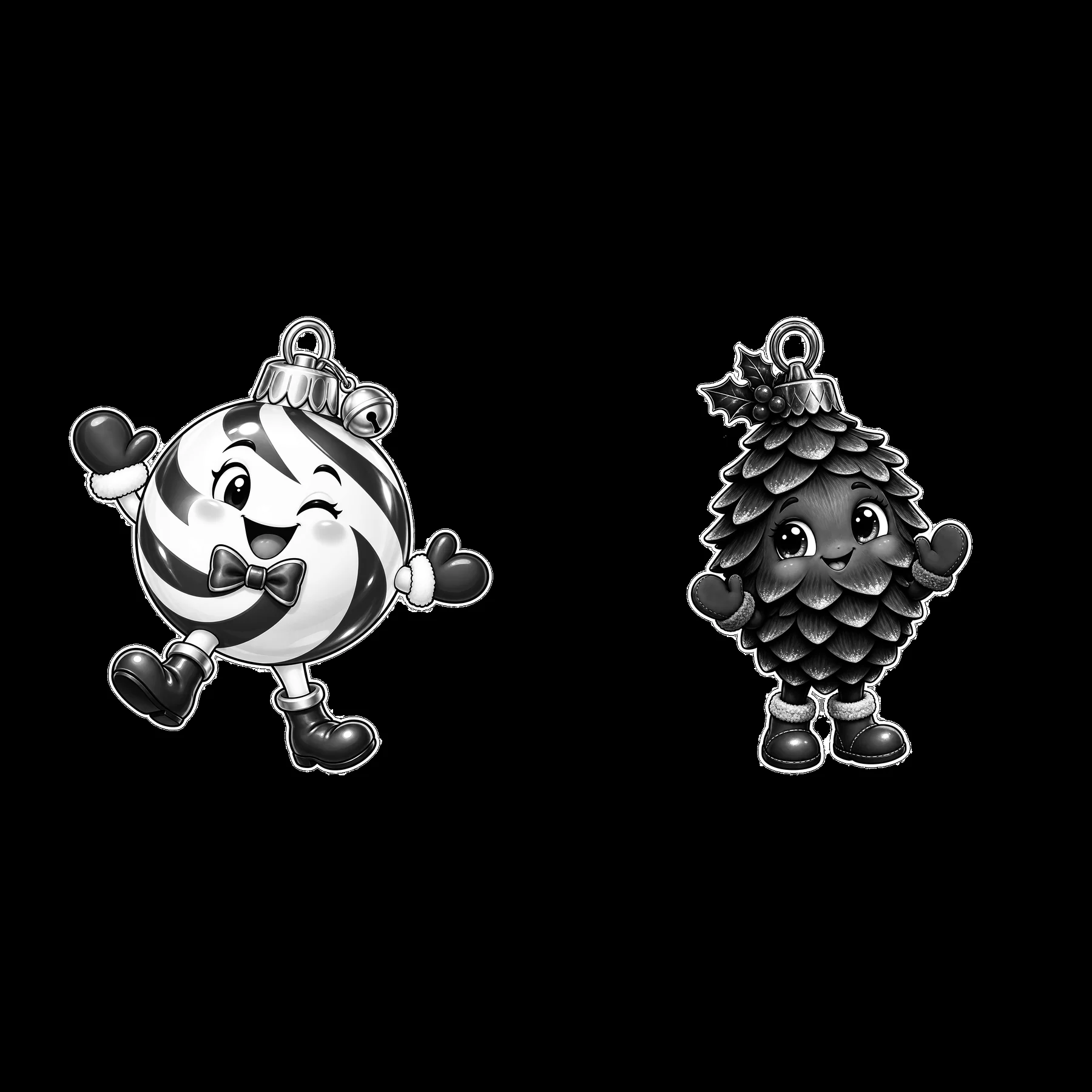 Cheerful cartoon Christmas ornaments with playful expressions - AI-generated stock image
