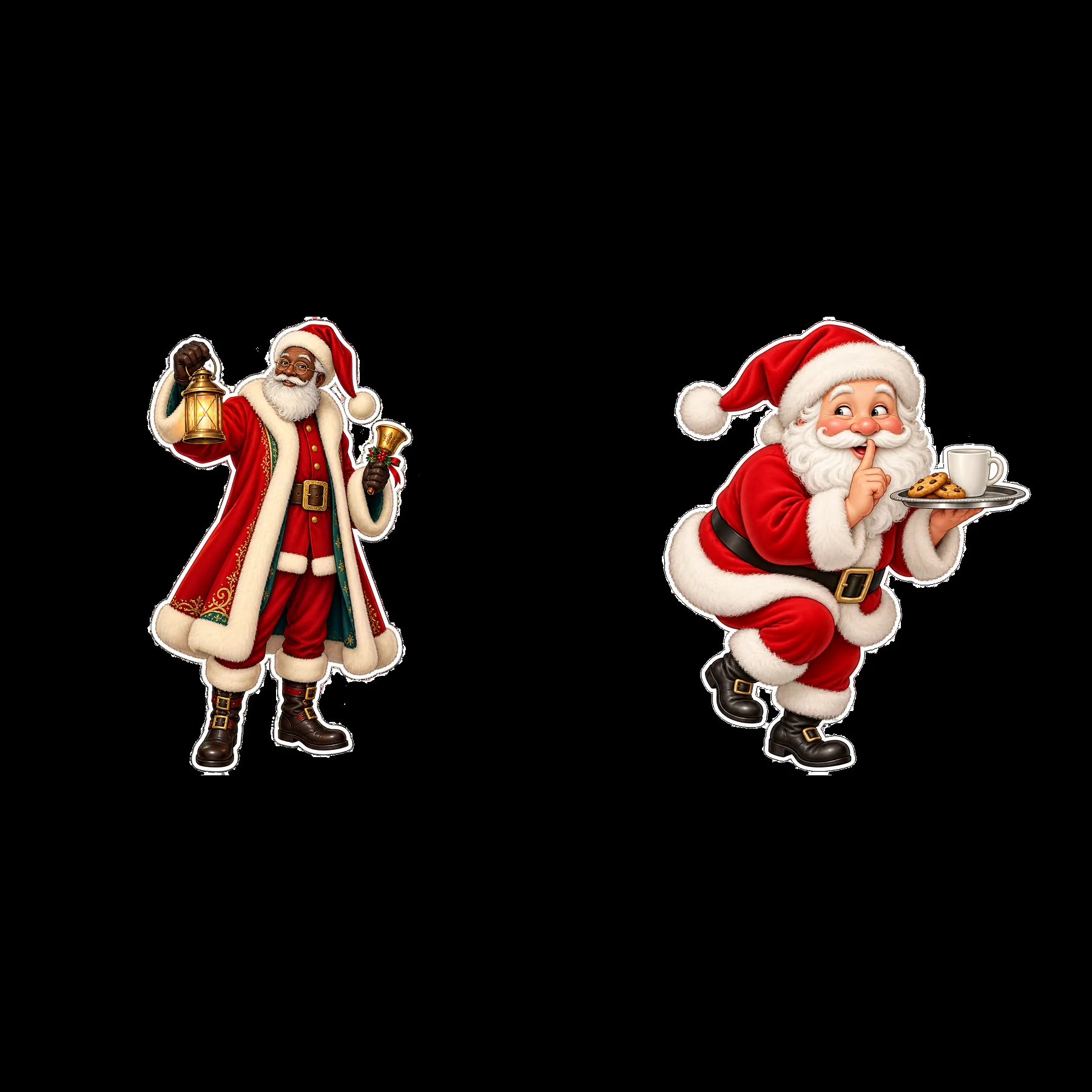 Santa Claus holding a lantern and carrying cookies and milk - AI-generated stock image