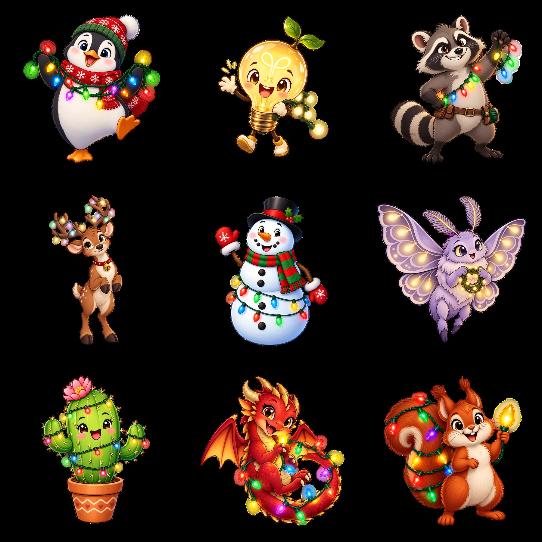 Cute cartoon characters with string lights in a 3x3 grid - AI-generated stock image