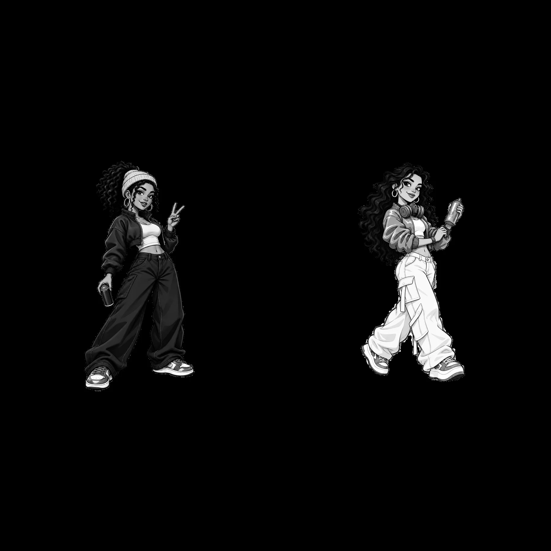 Cool graffiti sprayer characters in monochrome style - AI-generated stock image