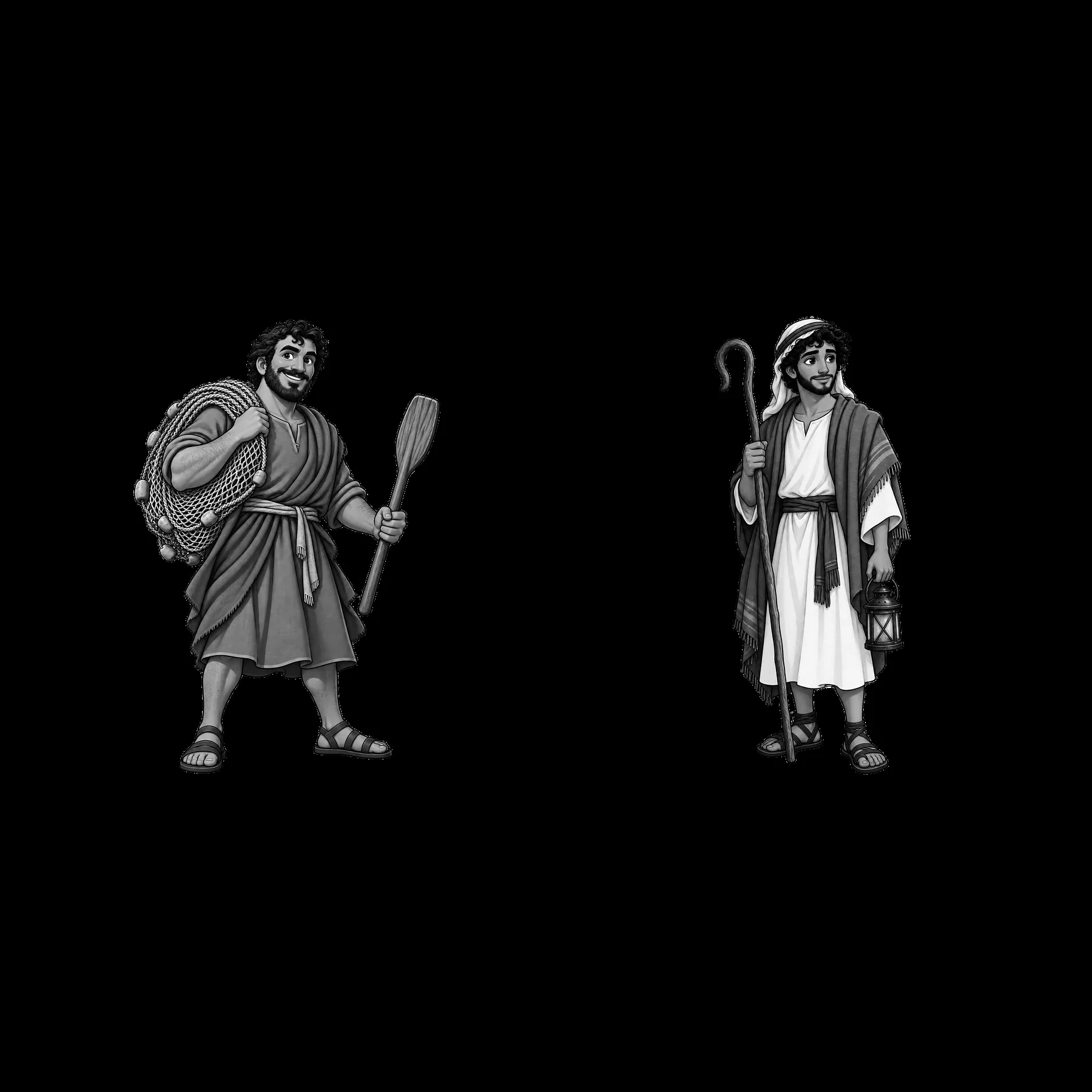 Cartoon stickers of two biblical figures with distinct accessories - AI-generated stock image