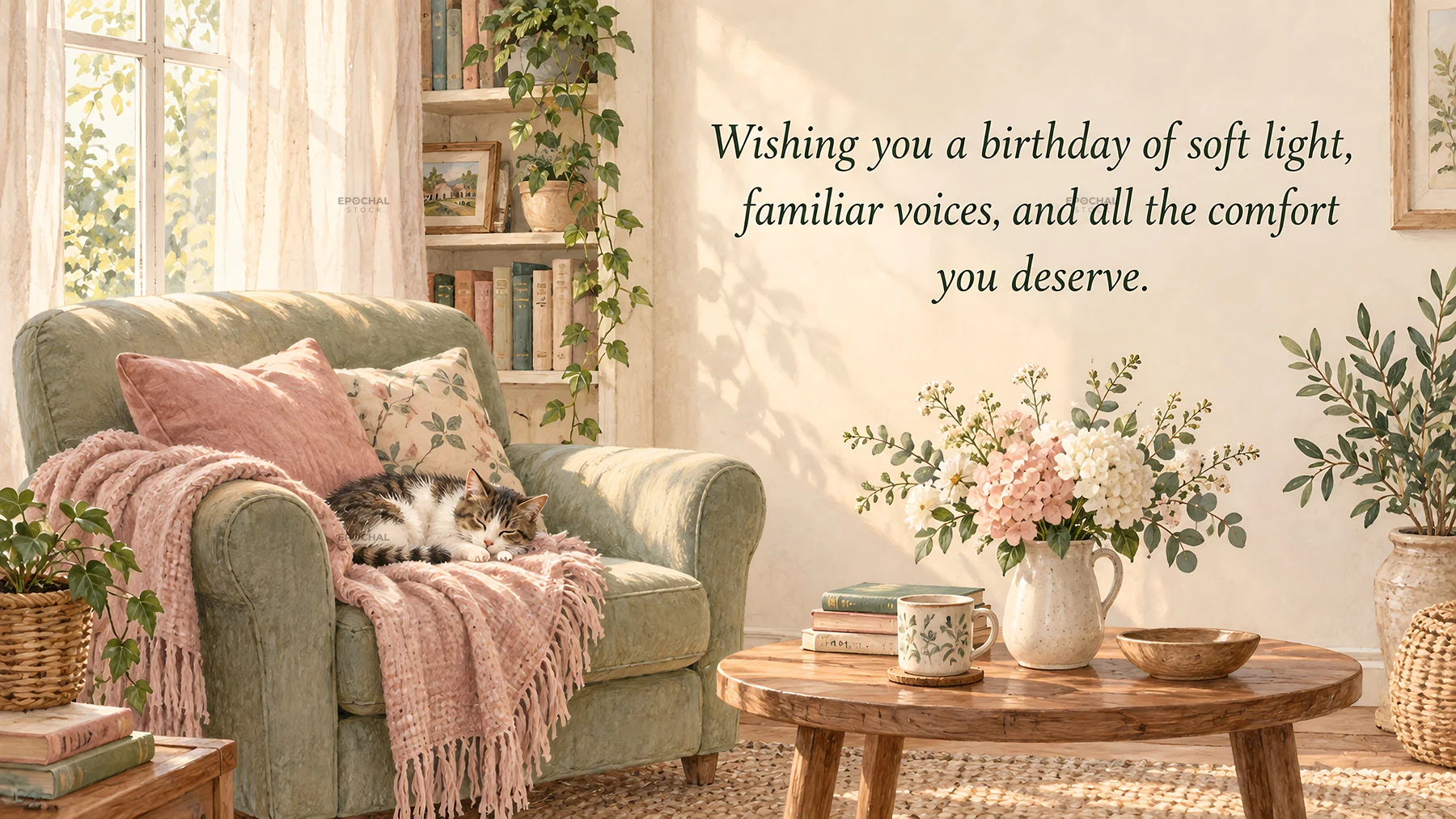 Cozy Birthday Greeting with a Resting Cat - AI-generated stock image