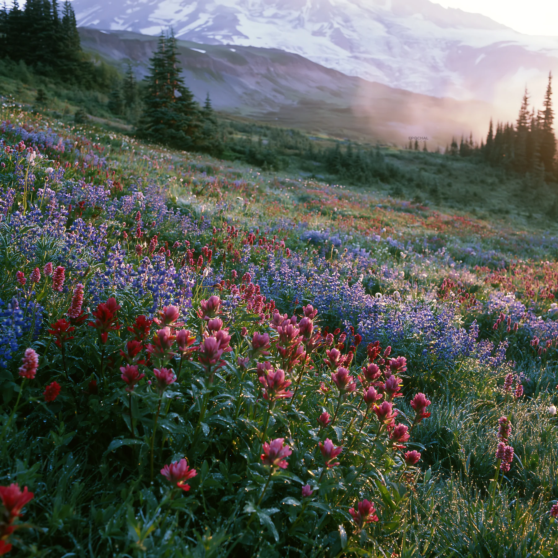 Mount Rainier wildflower meadow sunrise - AI-generated stock image