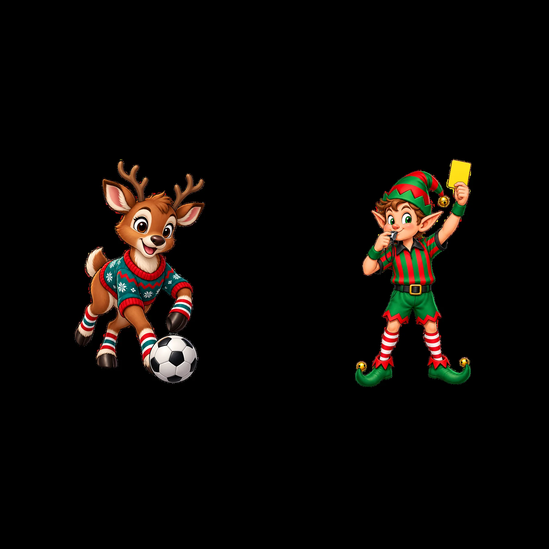 Reindeer plays soccer as elf gives yellow card in Christmas game - AI-generated stock image