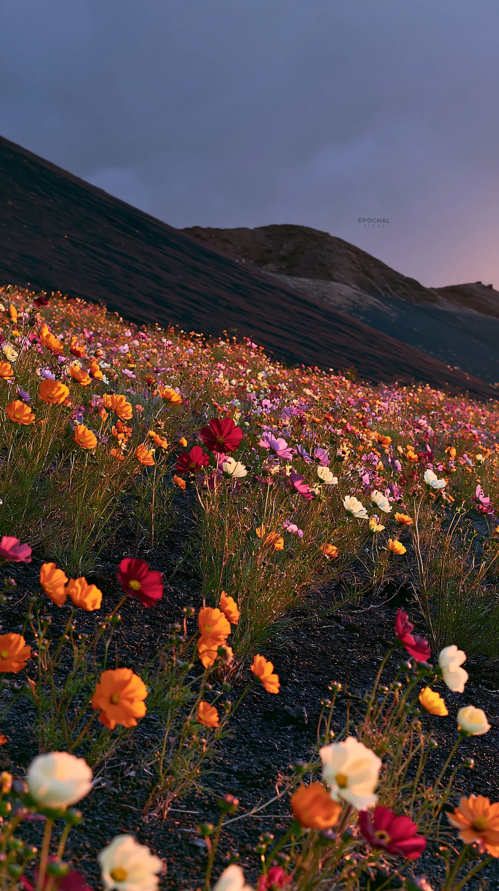 Colorful cosmos meadow in mountains at sunset - AI-generated stock image