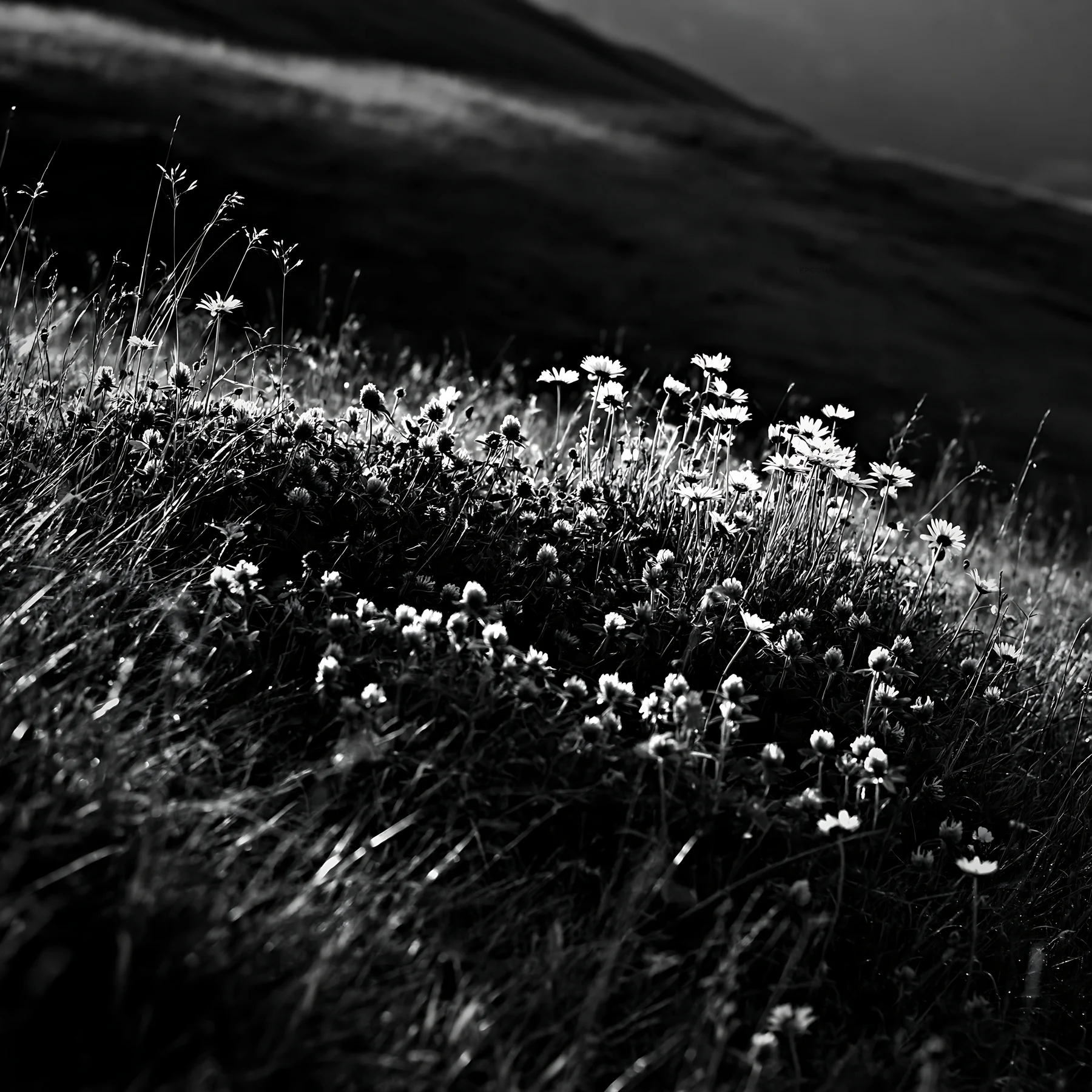 Sunbeams shining on Alpe di Siusi meadow with flowers - AI-generated stock image