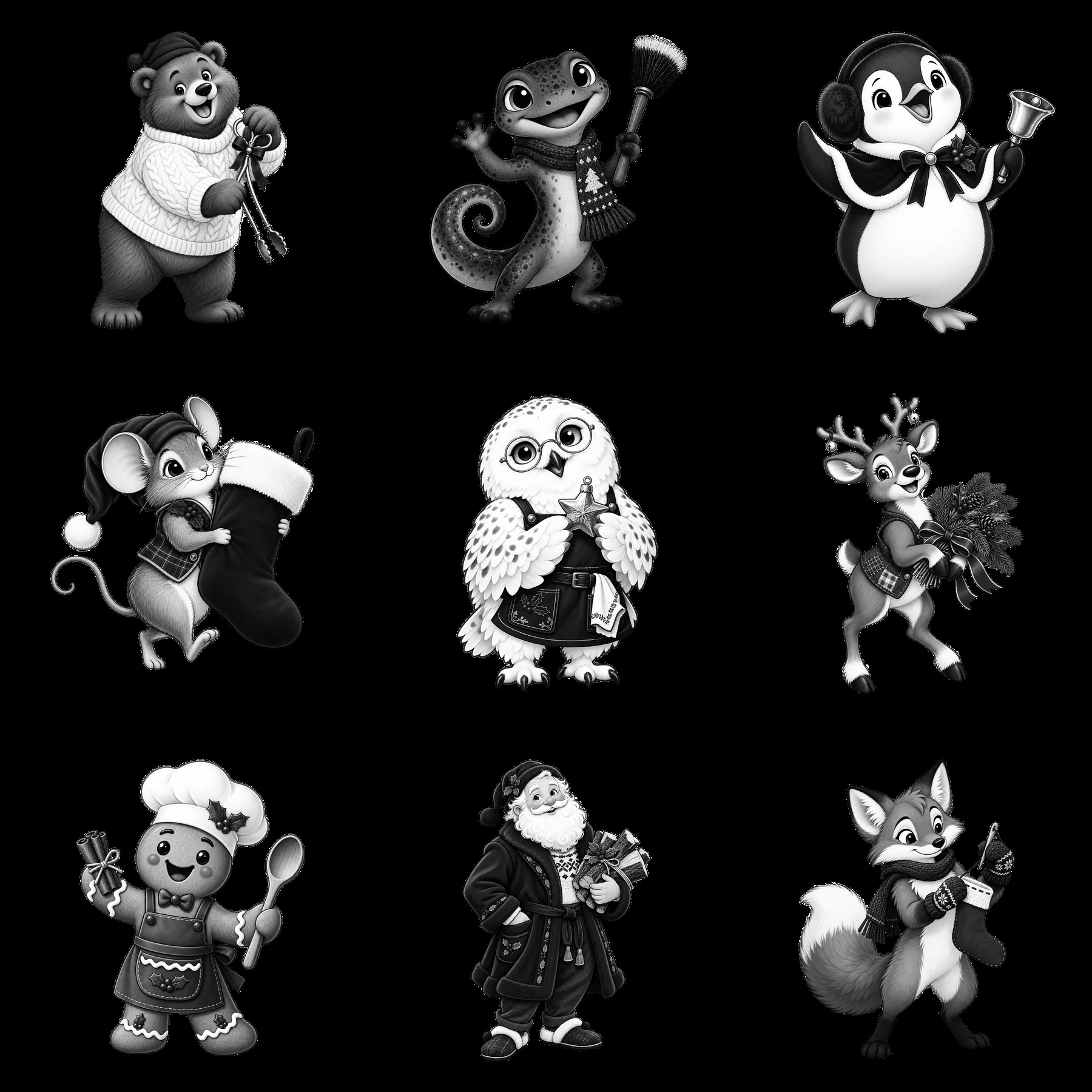 Christmas characters celebrating by the fireplace in black and white - AI-generated stock image