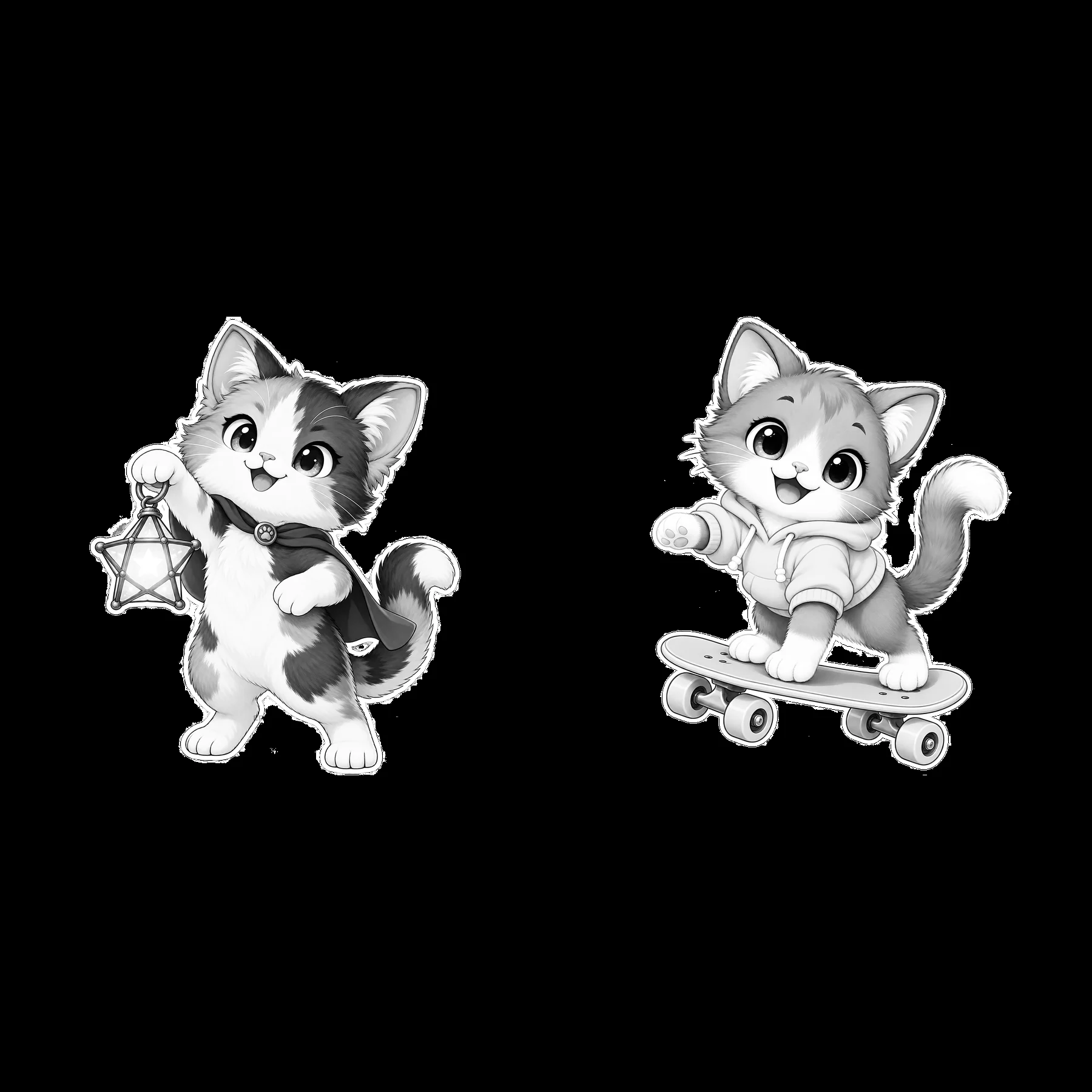 Kawaii cats holding a lantern and skateboarding together - AI-generated stock image