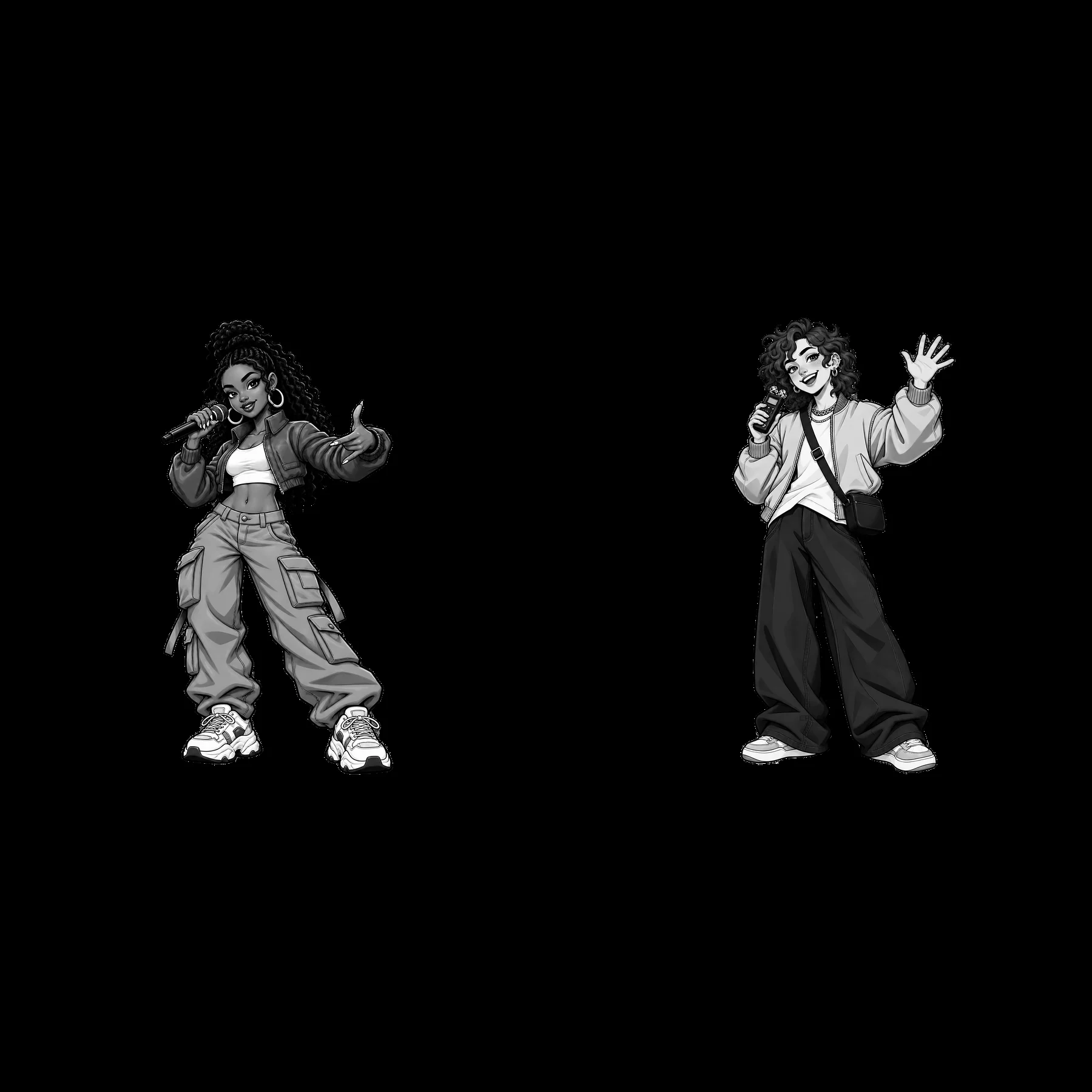 Hip-hop artists performing with microphones in monochrome style - AI-generated stock image