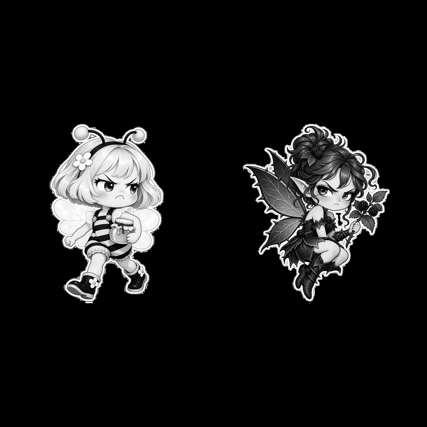 Grumpy fairy and bee character stickers in black and white - AI-generated stock image