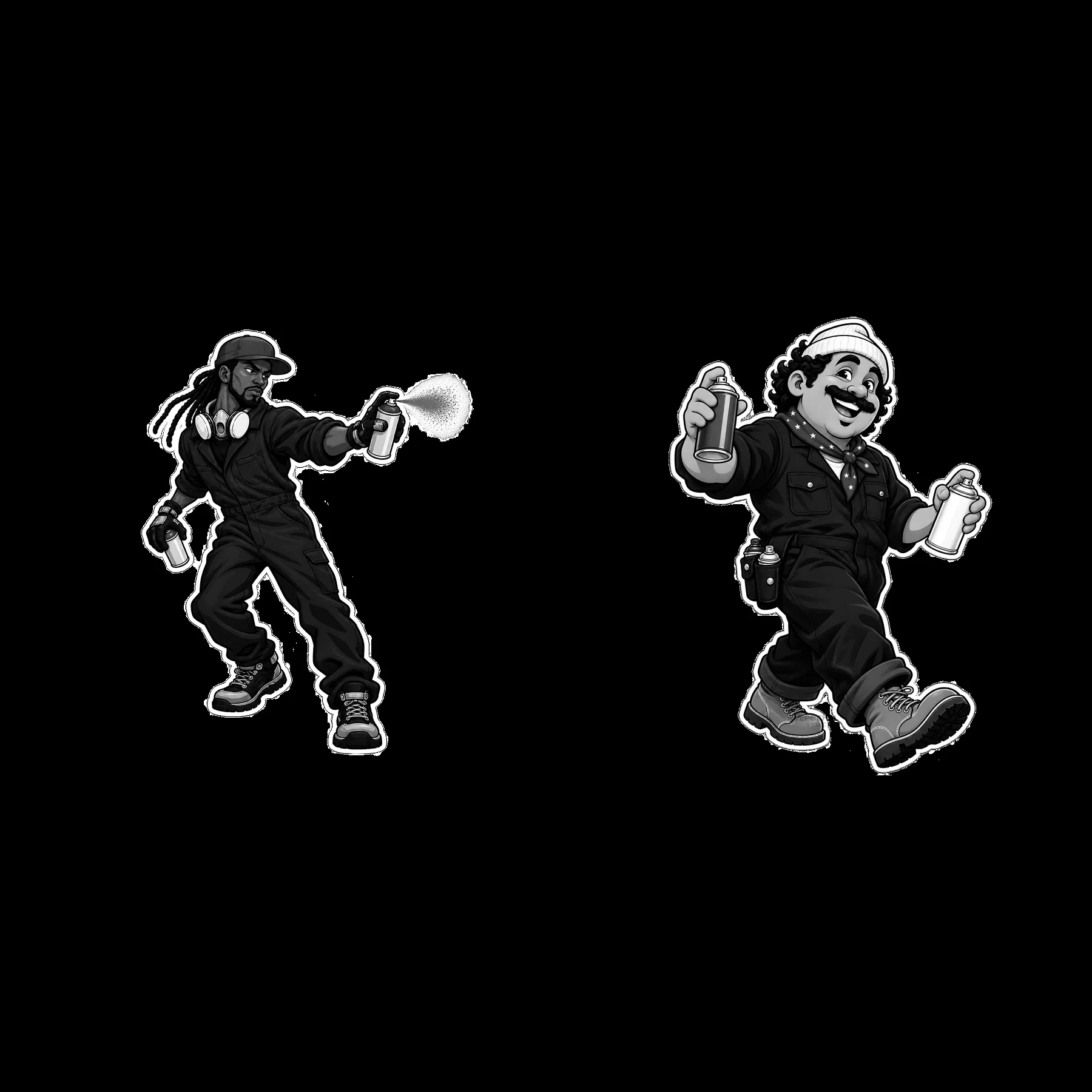 Patriotic graffiti sprayers using spray paint in black and white - AI-generated stock image
