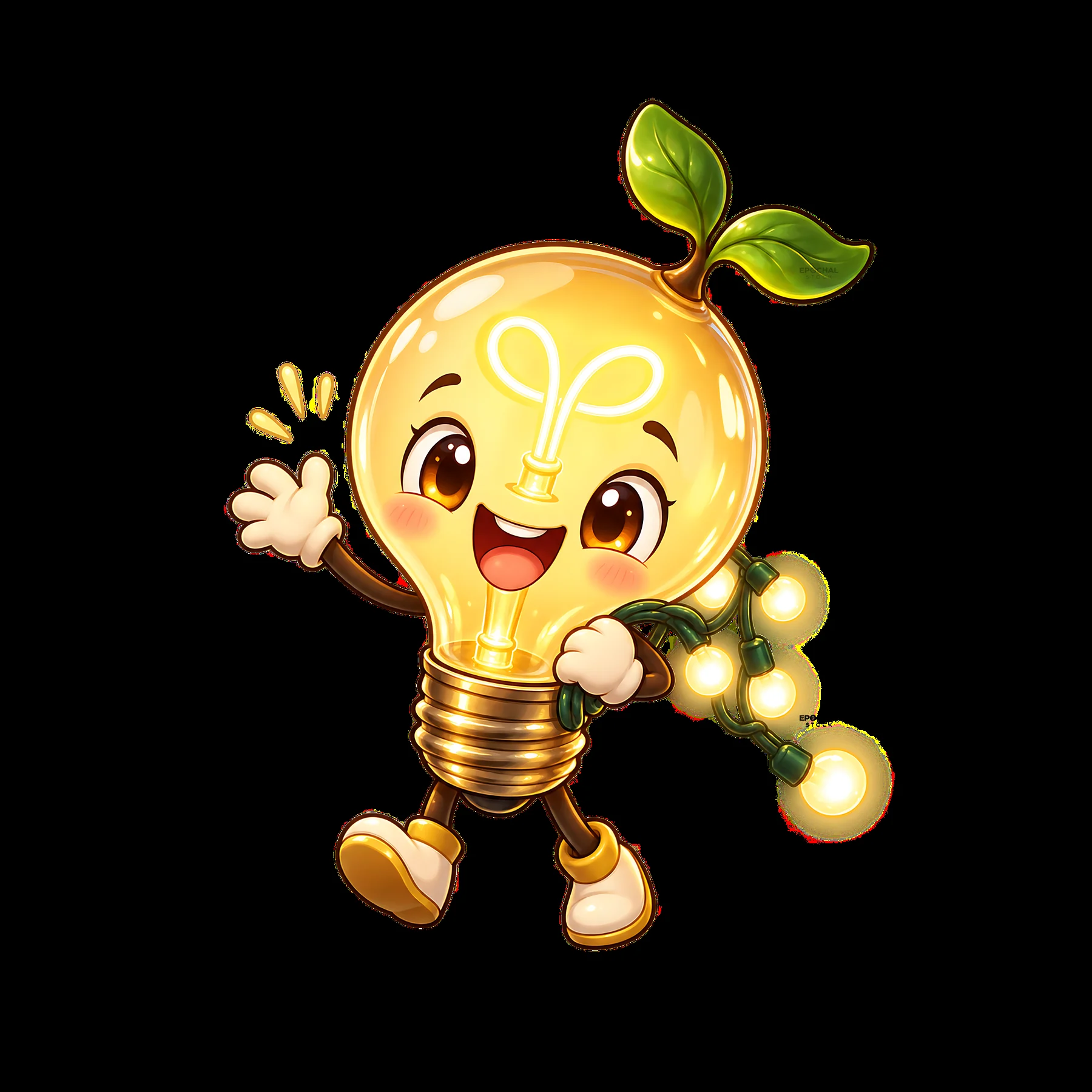 Light bulb character with string lights and a cheerful look - AI-generated stock image
