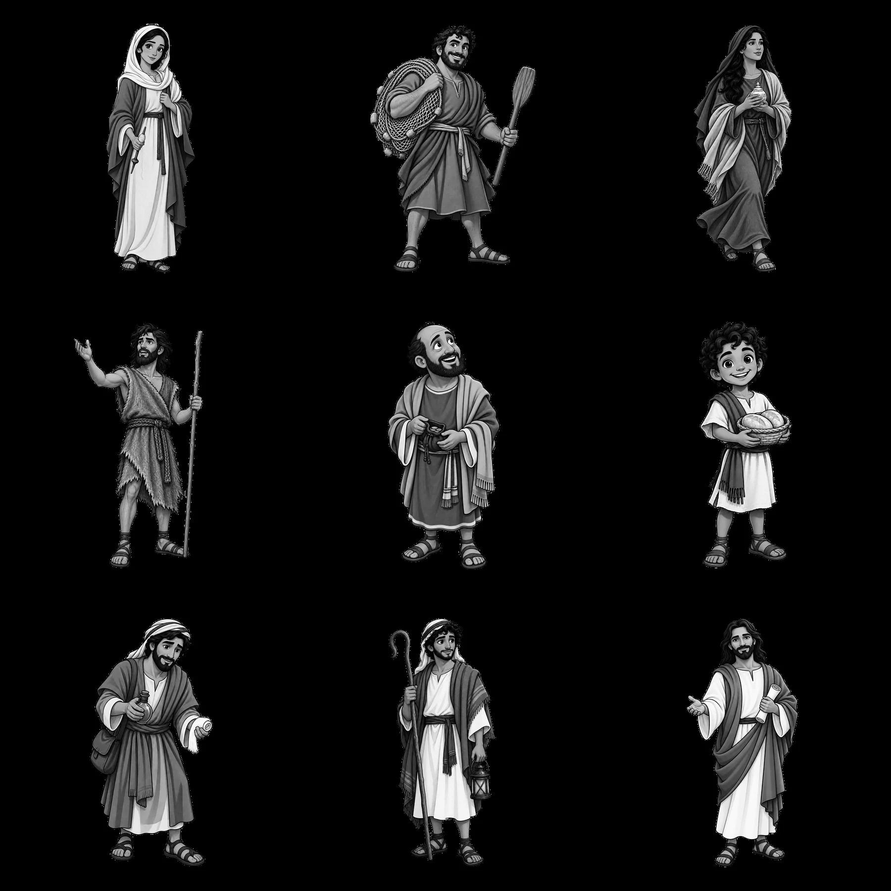 Cartoon sticker characters depicting scenes from Jesus' life - AI-generated stock image