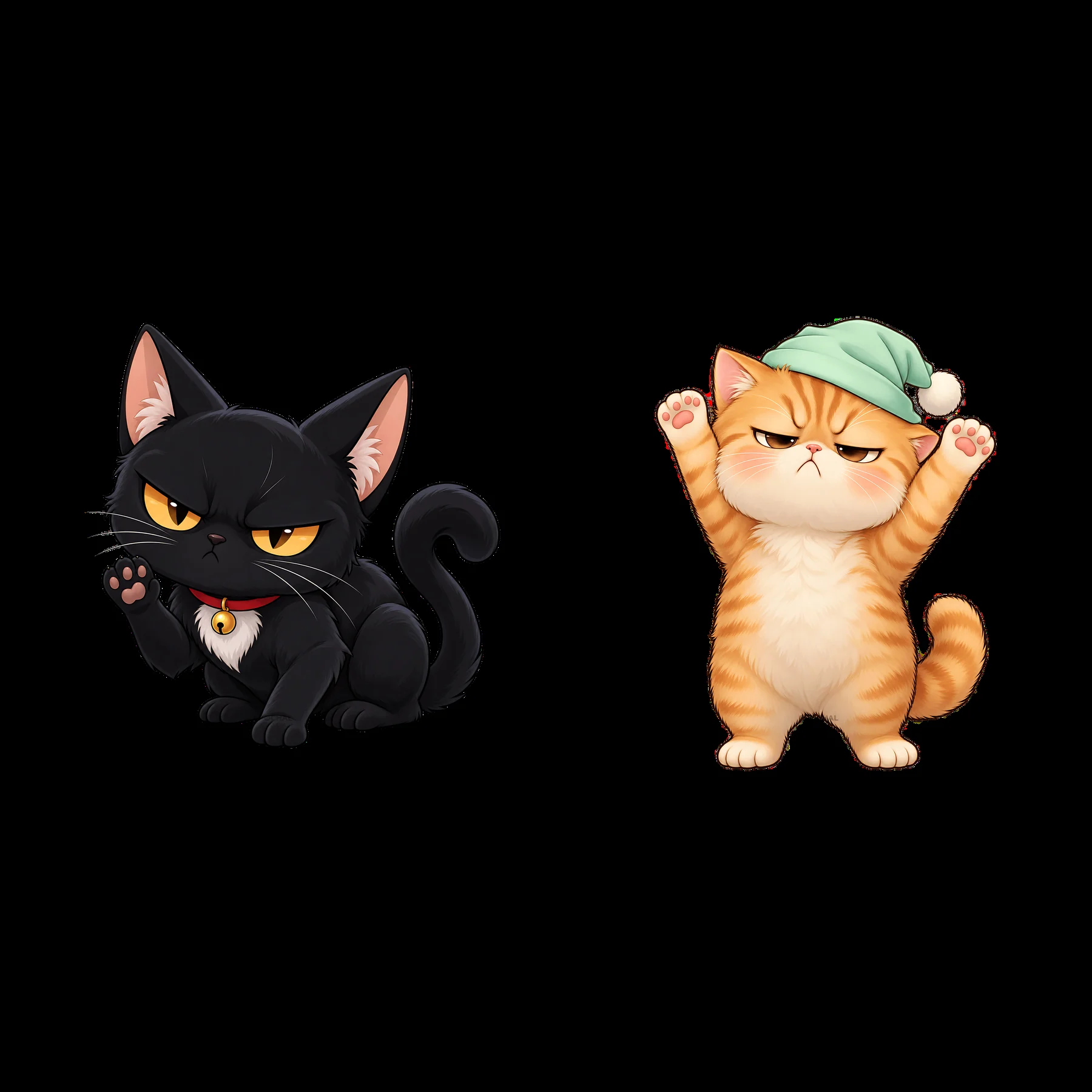 Kawaii grumpy cat stickers with a black cat and a ginger cat - AI-generated stock image