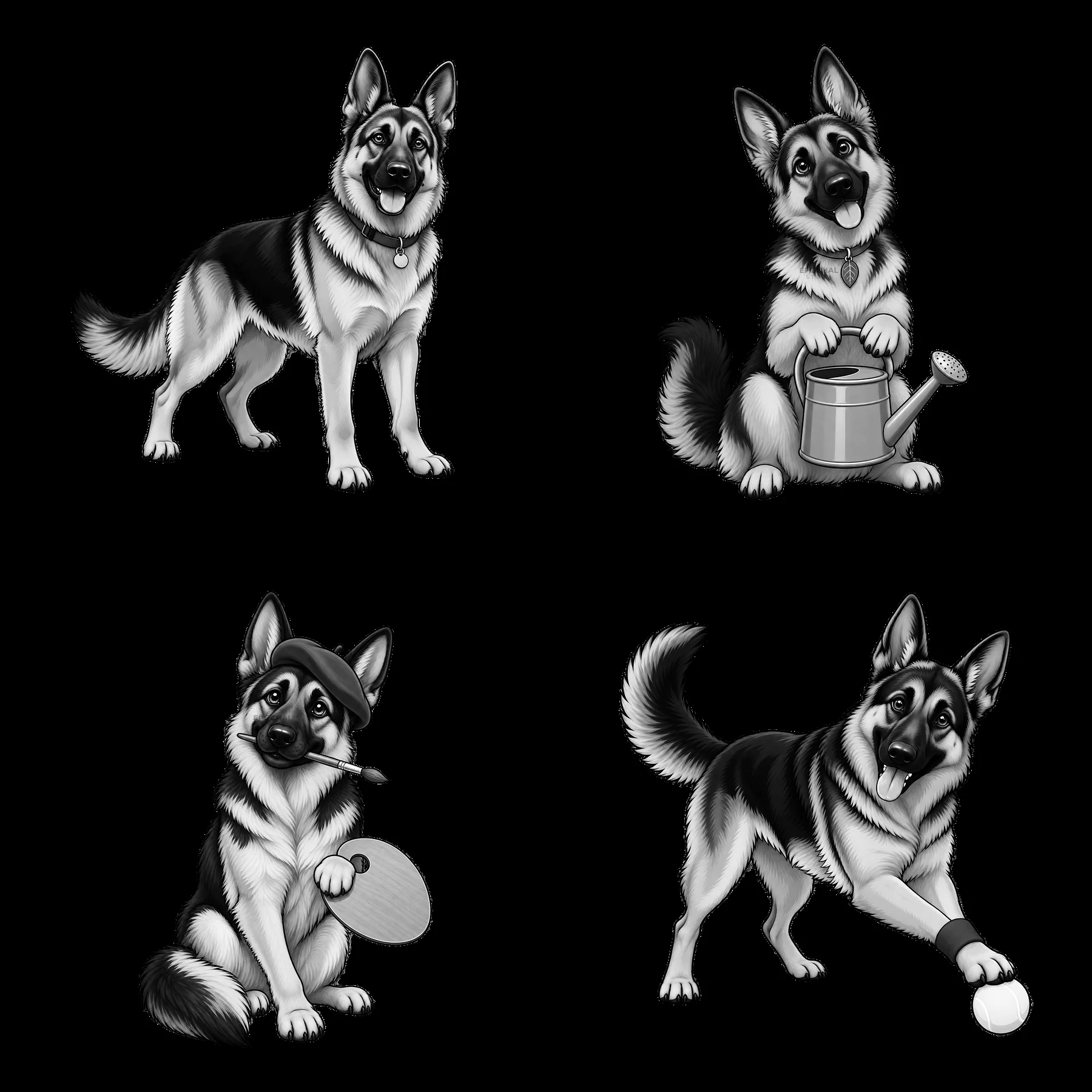 German shepherd dog activities in four playful cartoon stickers - AI-generated stock image