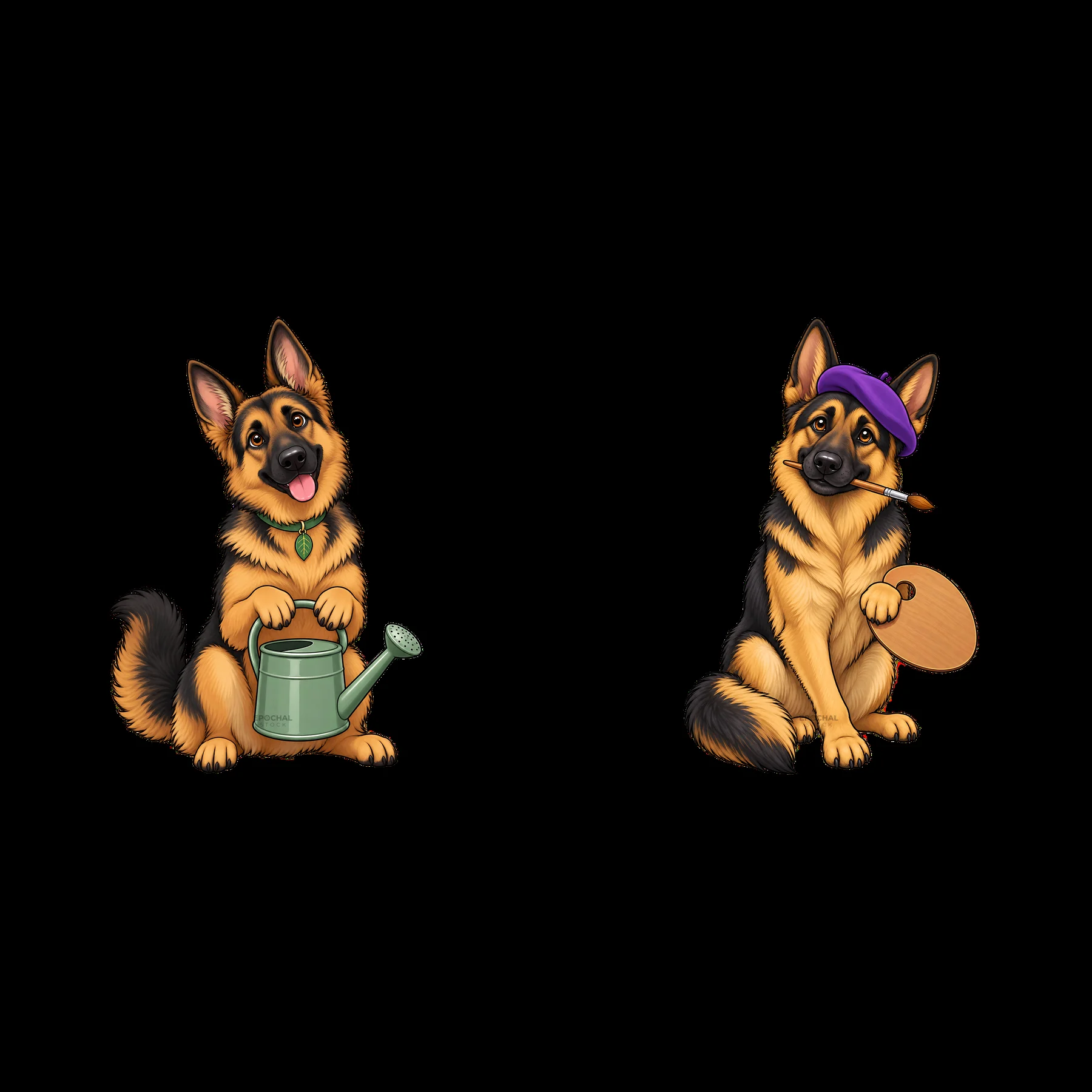 German Shepherd dogs with garden tools and art supplies - AI-generated stock image