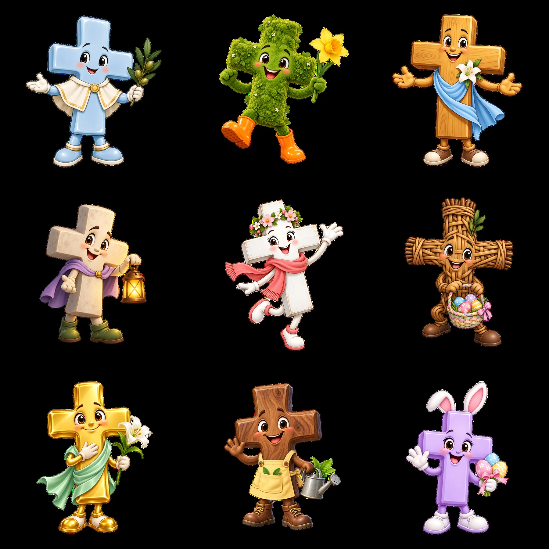 Easter cross characters in cheerful poses with flowers and gifts - AI-generated stock image