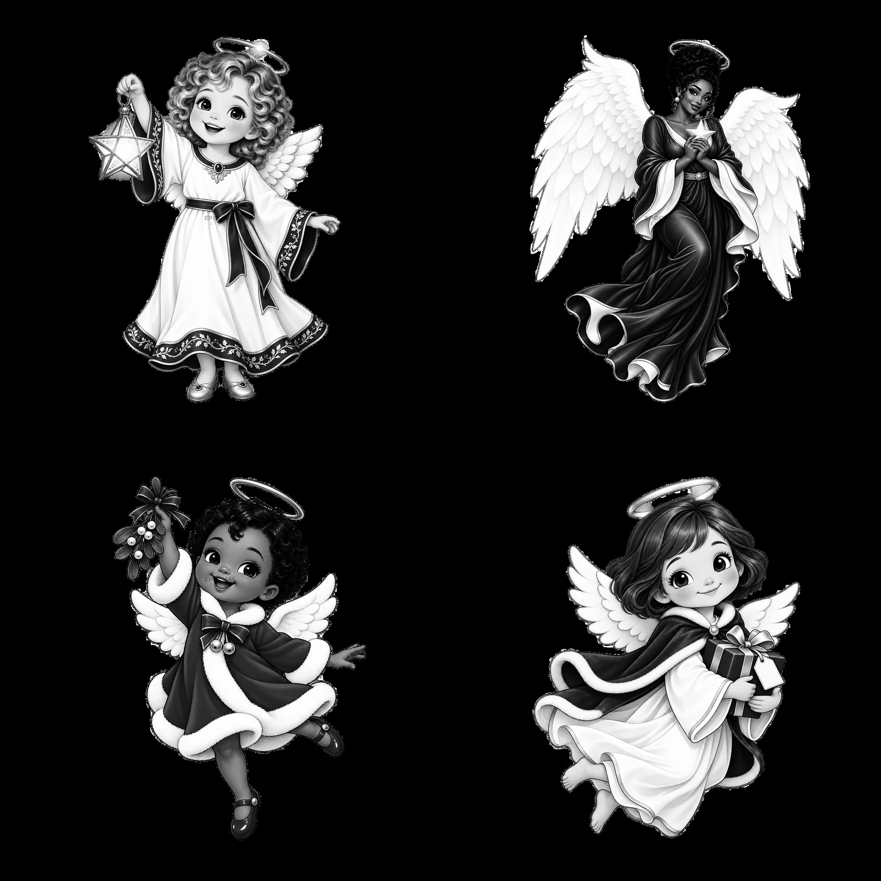 Christmas angels in black-and-white cartoon style, 2x2 layout - AI-generated stock image