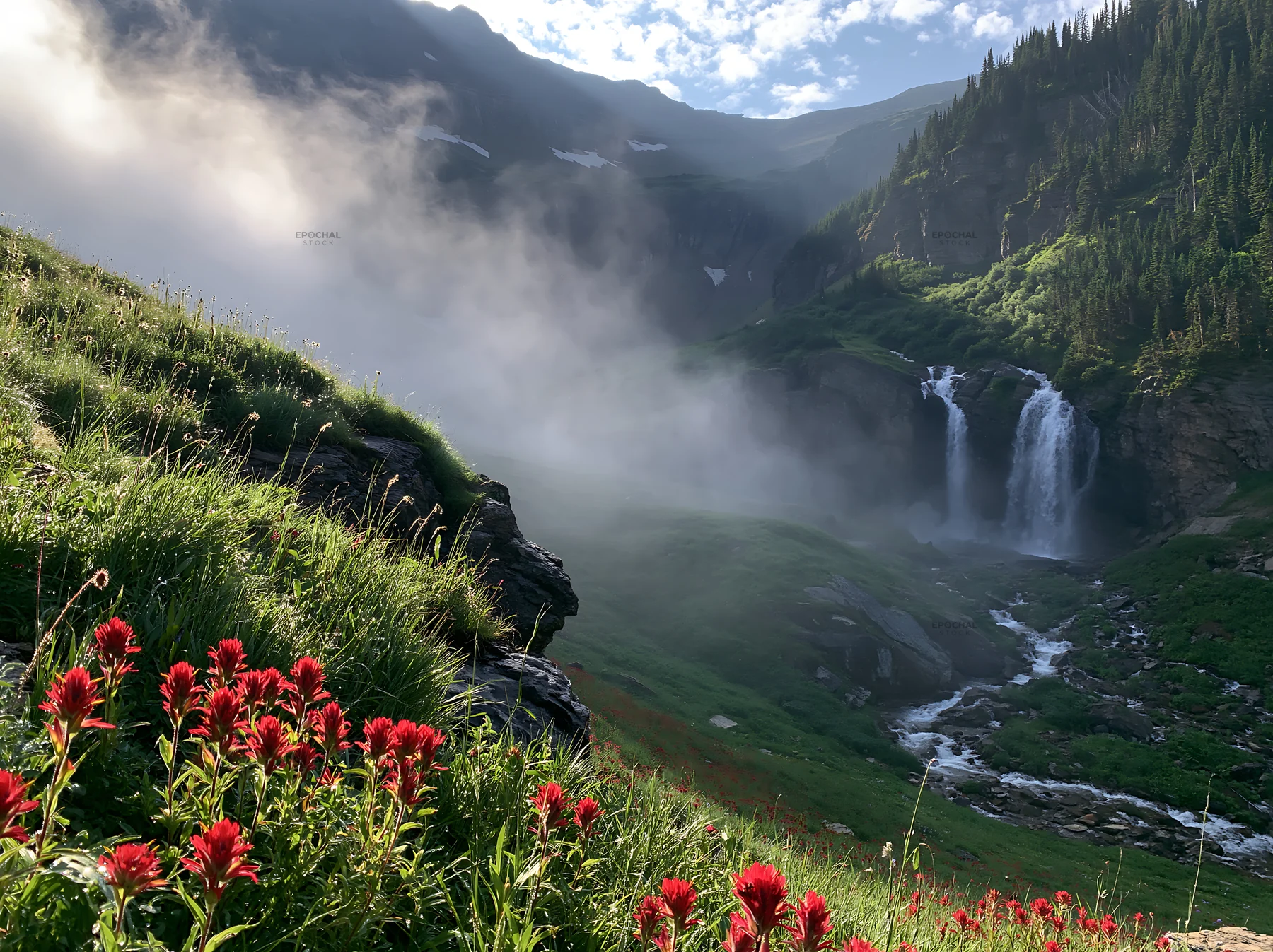 Misty mountain waterfall in a meadow filled with flowers - AI-generated stock image