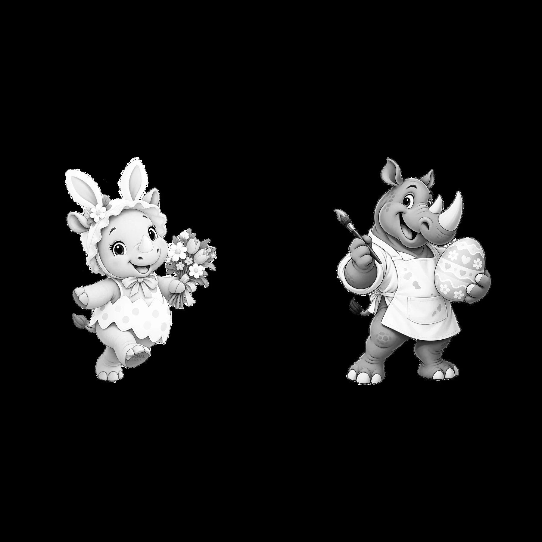 Rhinoceros and bunny characters celebrate Easter with flowers and eggs - AI-generated stock image