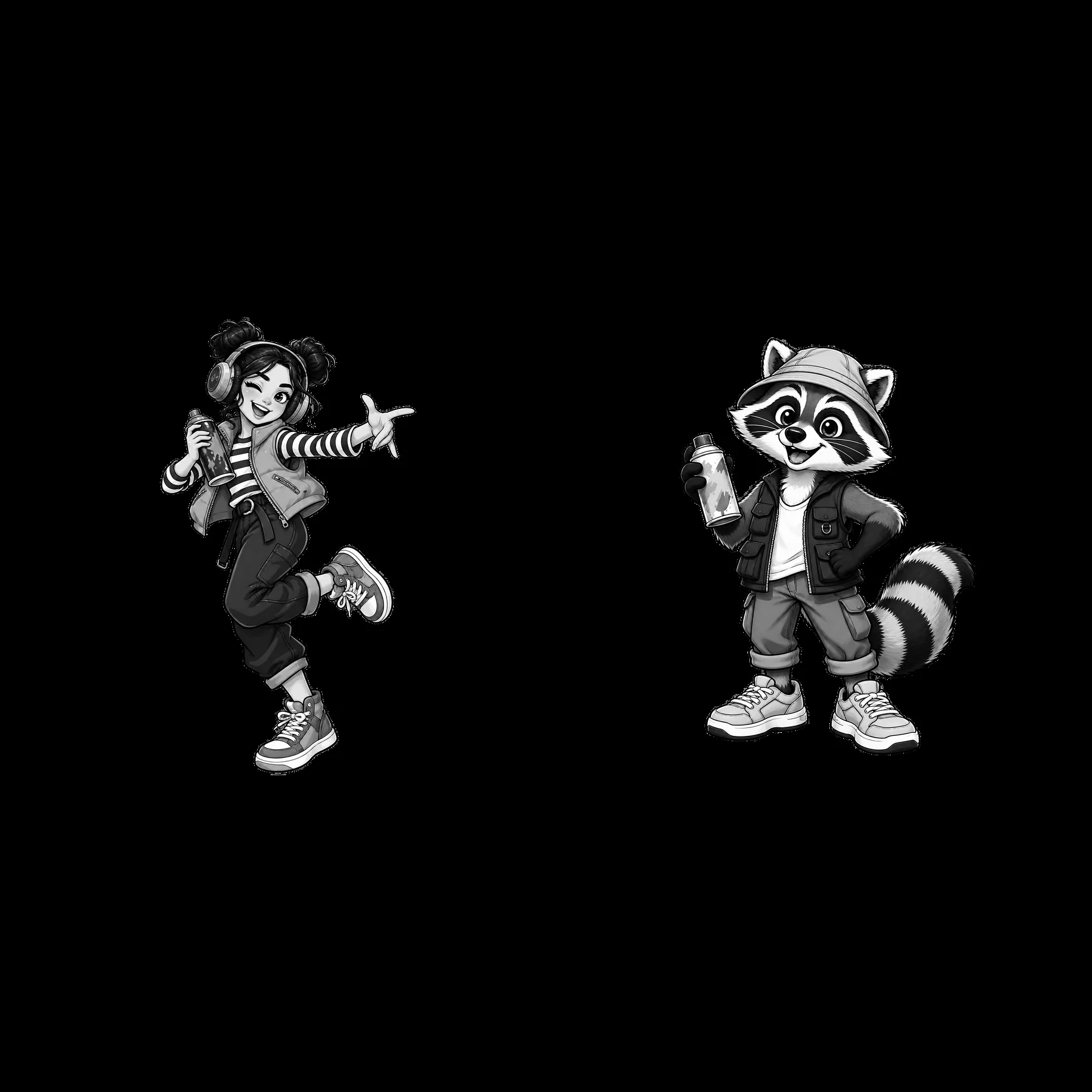 Cool graffiti sprayer girl and raccoon with spray cans - AI-generated stock image