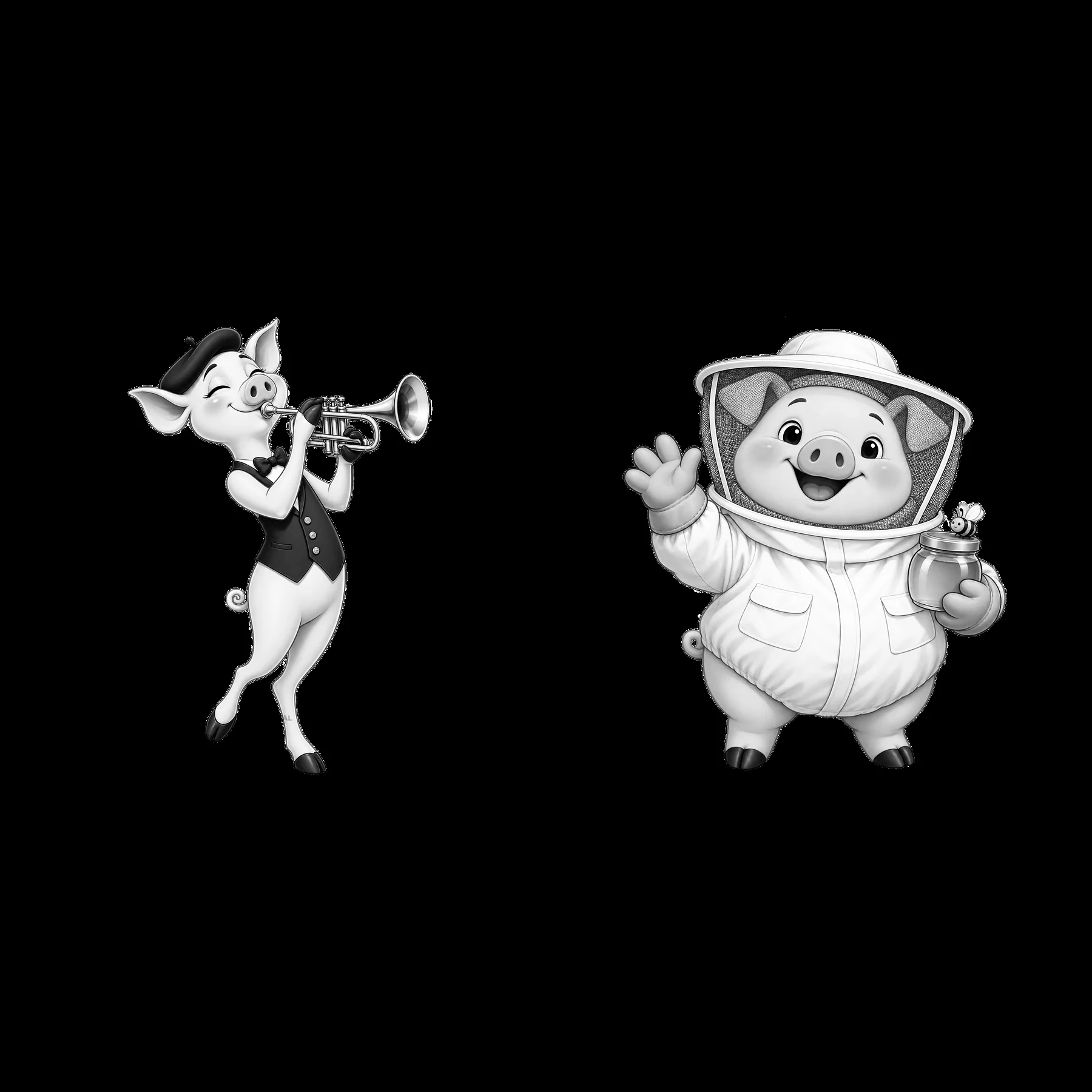 Pig playing trumpet and pig wearing beekeeper suit - AI-generated stock image