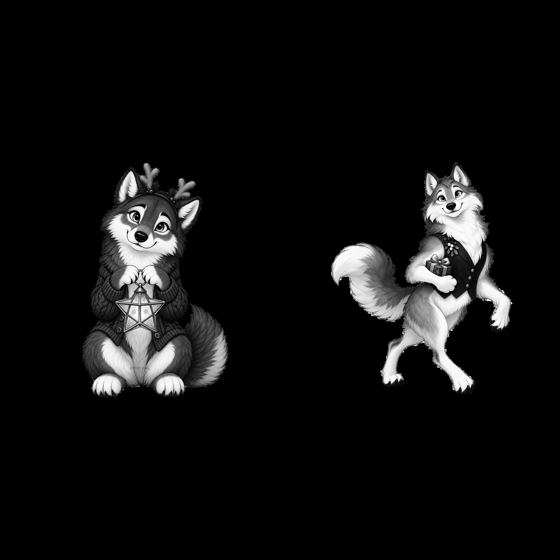Christmas wolves with decorations and festive accessories - AI-generated stock image