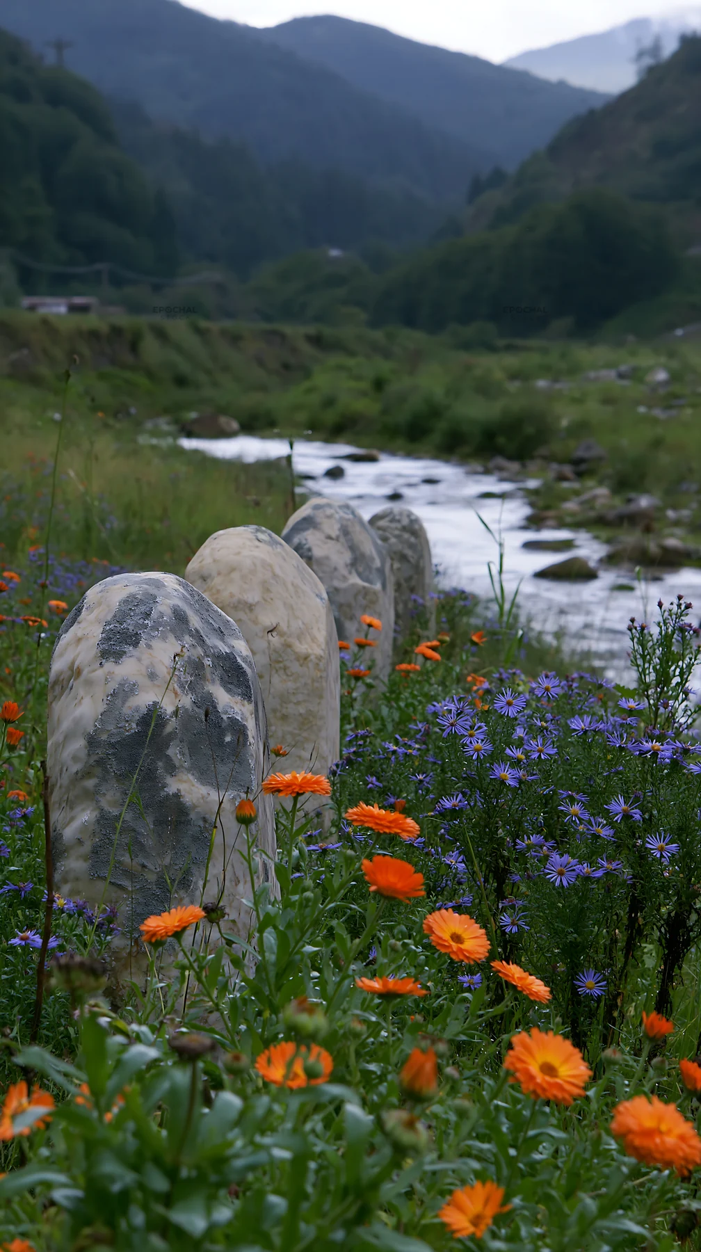 Christmas ornaments above stream in meadow - AI-generated stock image