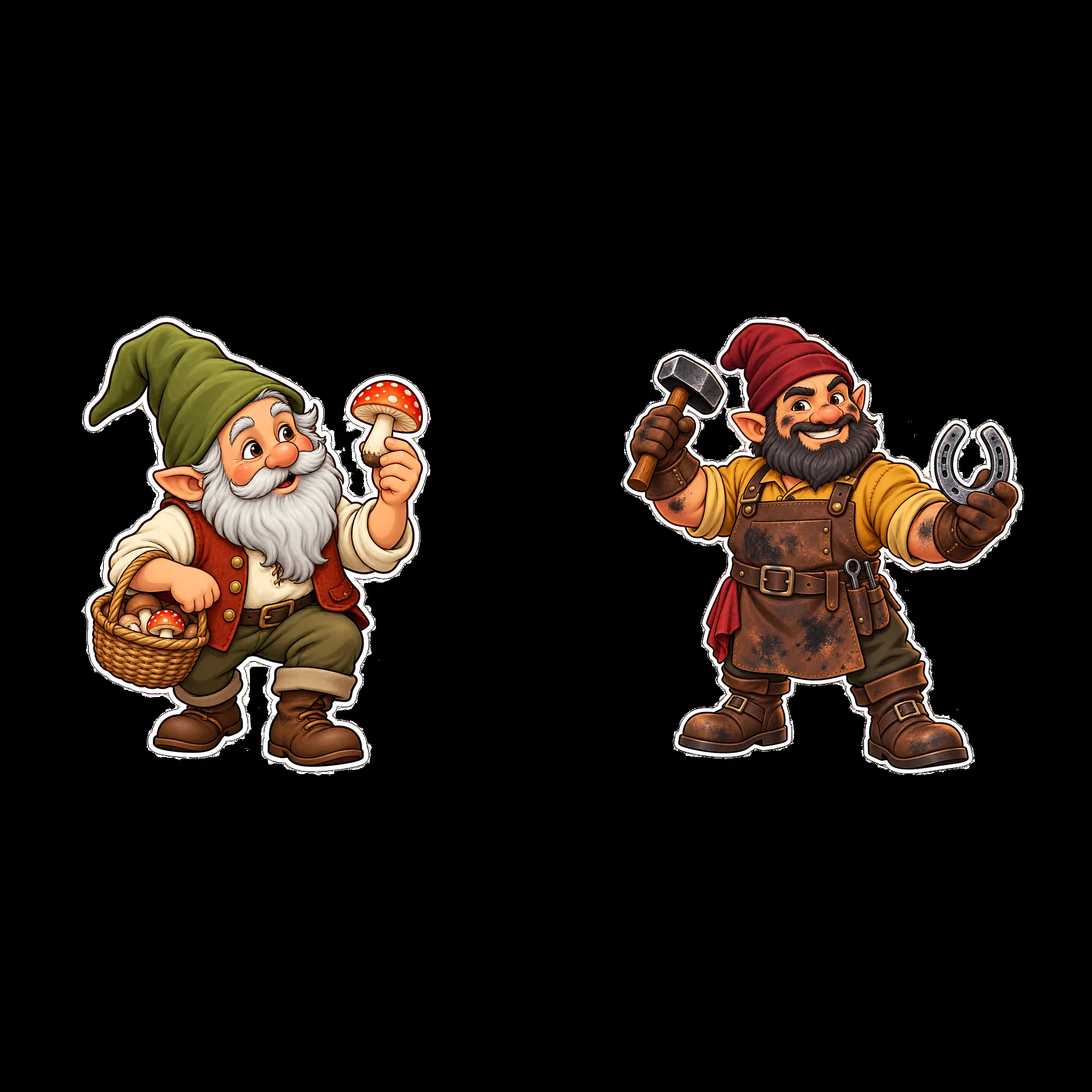 Gnome with mushrooms and gnome with tools in a playful pose - AI-generated stock image