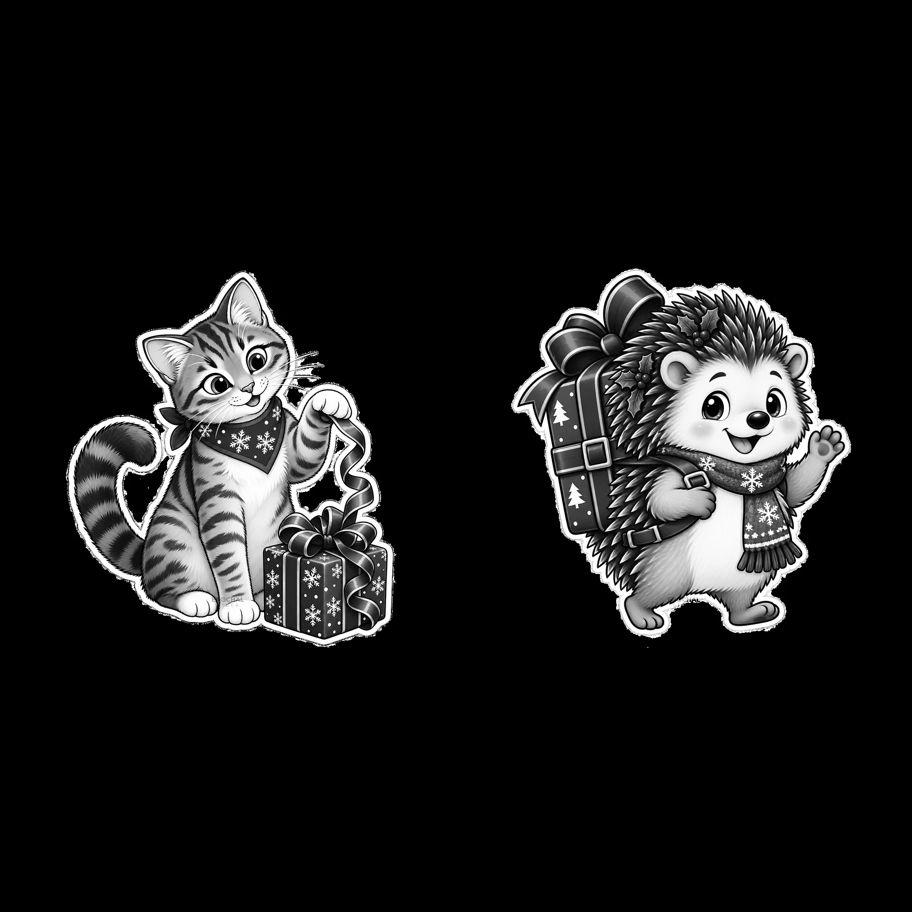 Cat and hedgehog with Christmas presents in monochrome cartoon - AI-generated stock image