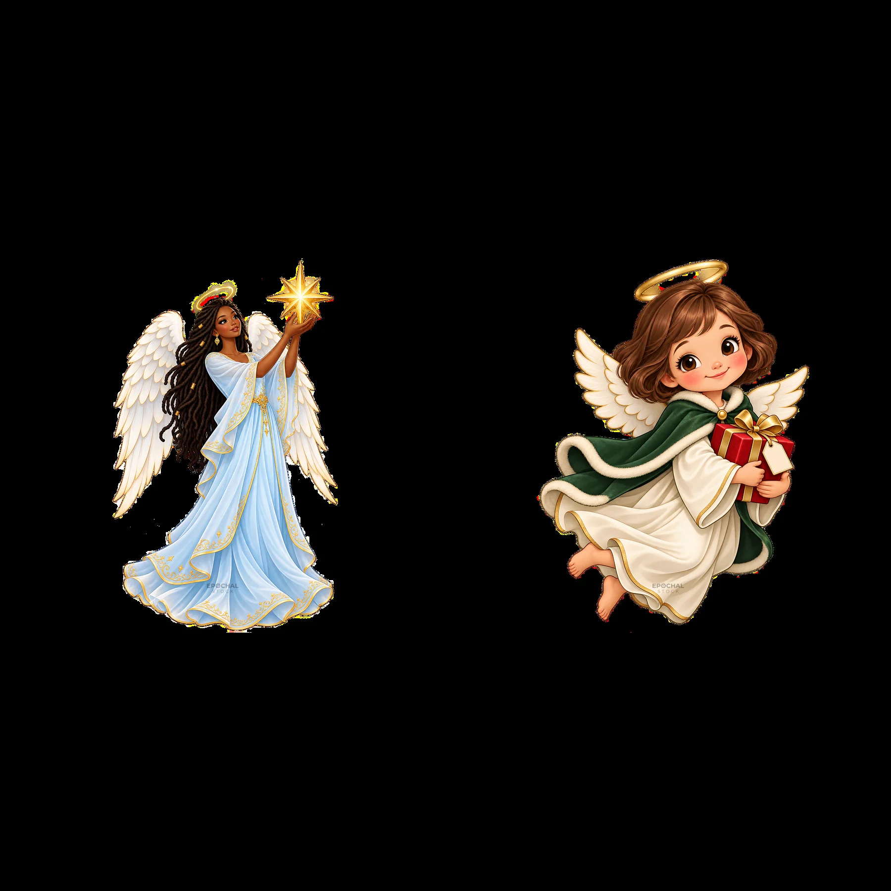 Two Christmas angels with gifts and stars - AI-generated stock image