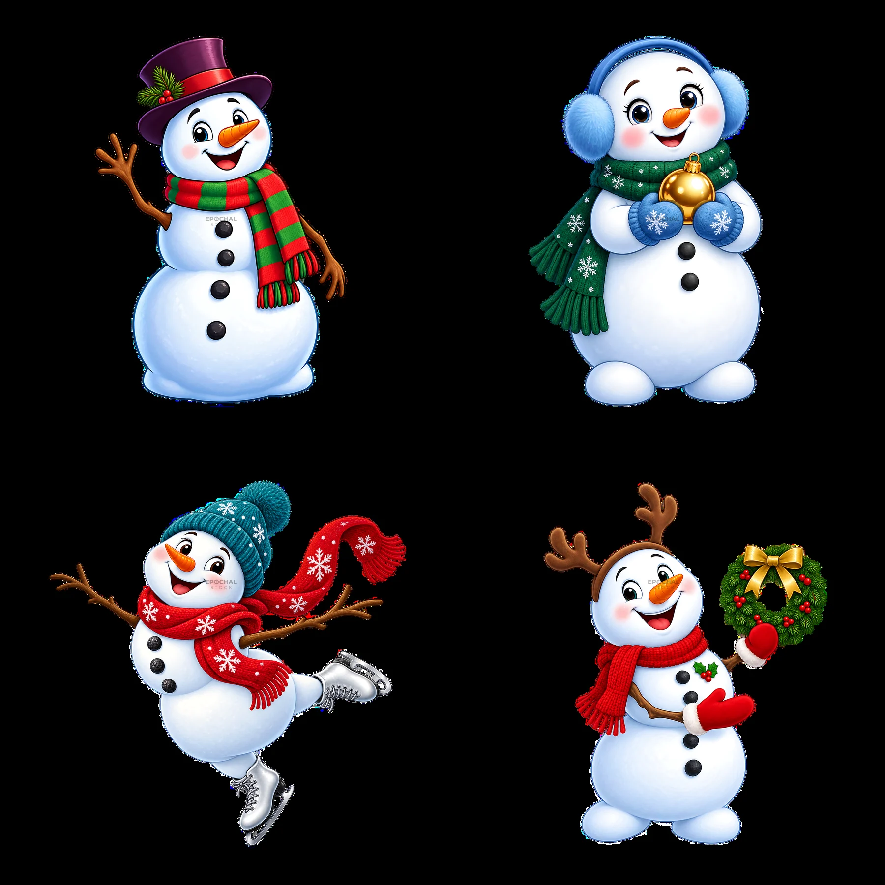 Four cheerful snowmen celebrating Christmas in a winter theme - AI-generated stock image