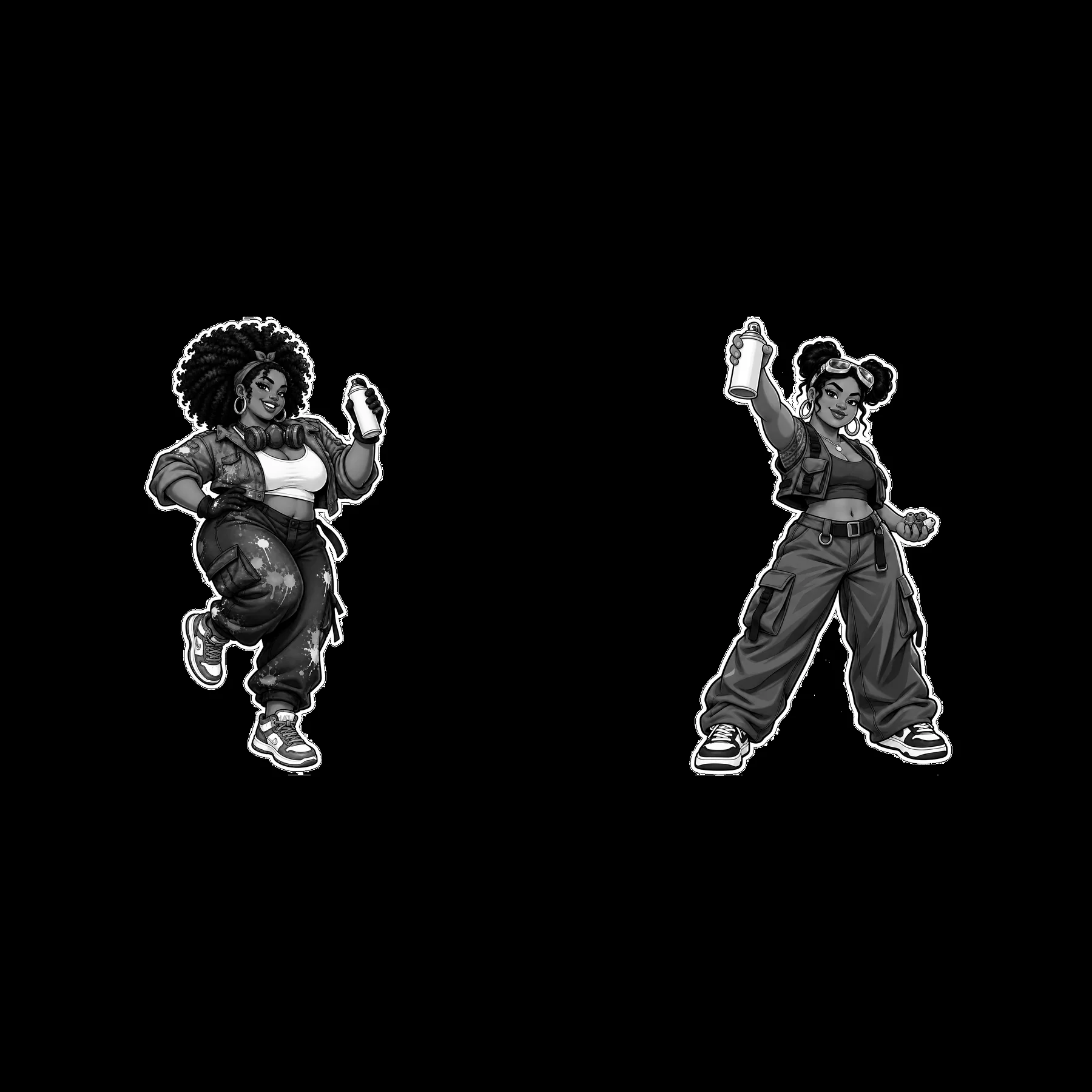 Female graffiti sprayers working with spray paint in black and white - AI-generated stock image