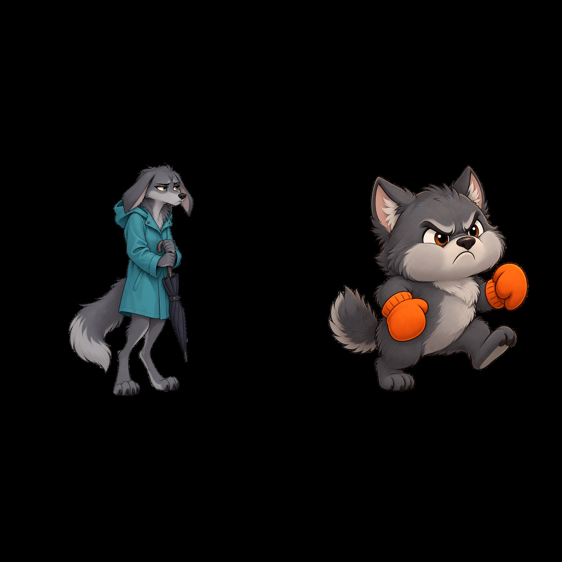 Grumpy wolf with umbrella and angry wolf in orange gloves - AI-generated stock image