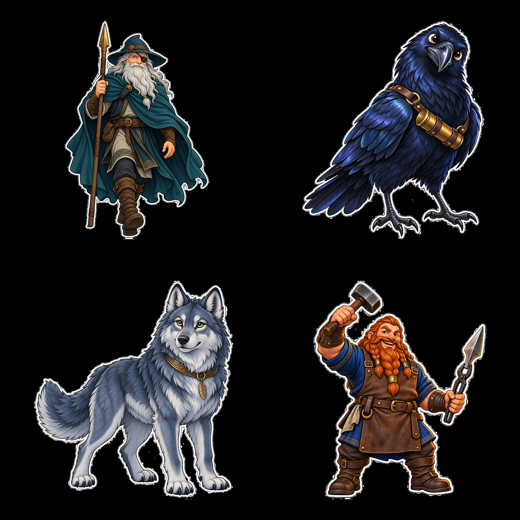 Odin the Norse All-Father with wolf, raven, and warrior in grid - AI-generated stock image