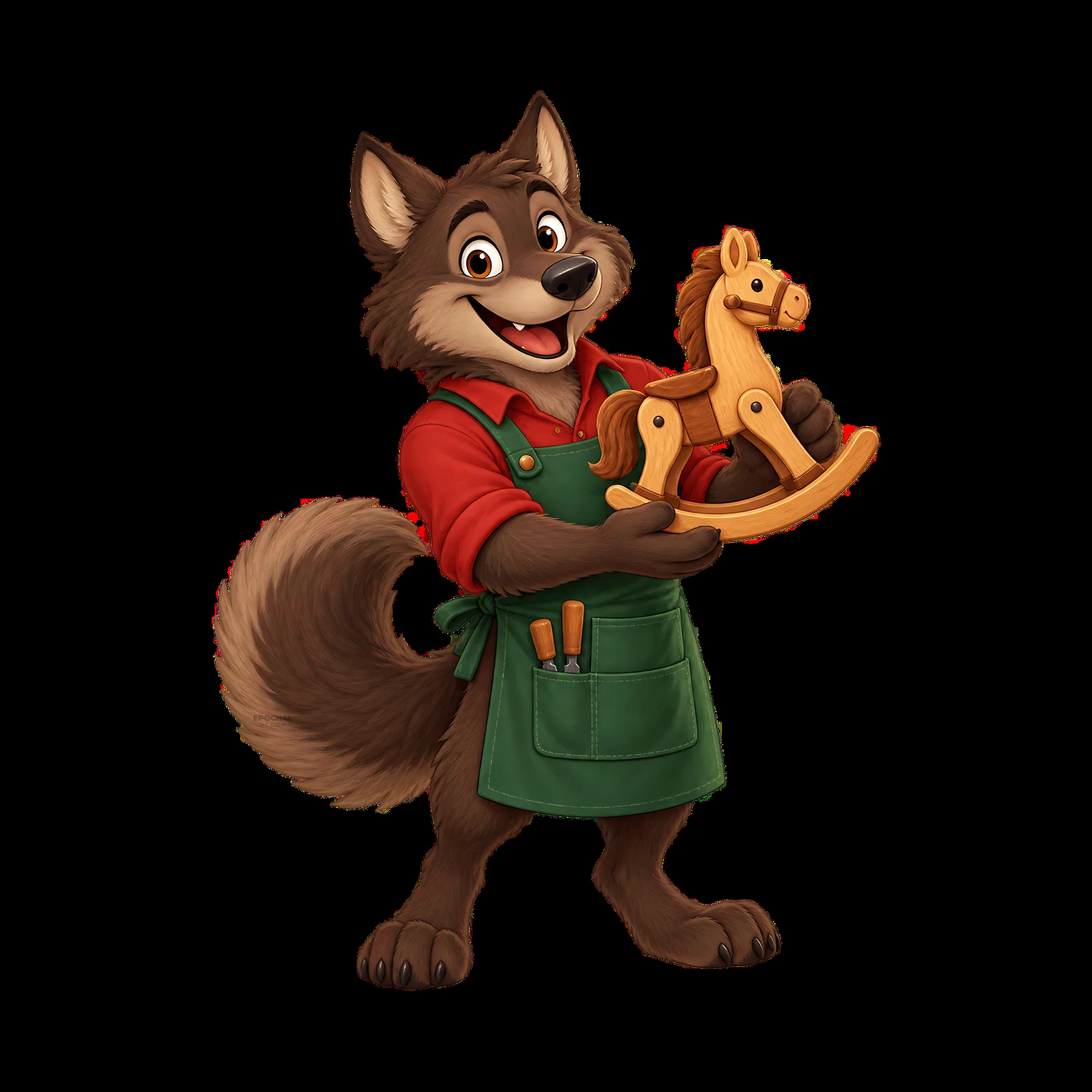 Christmas wolf holding a wooden rocking horse toy - AI-generated stock image
