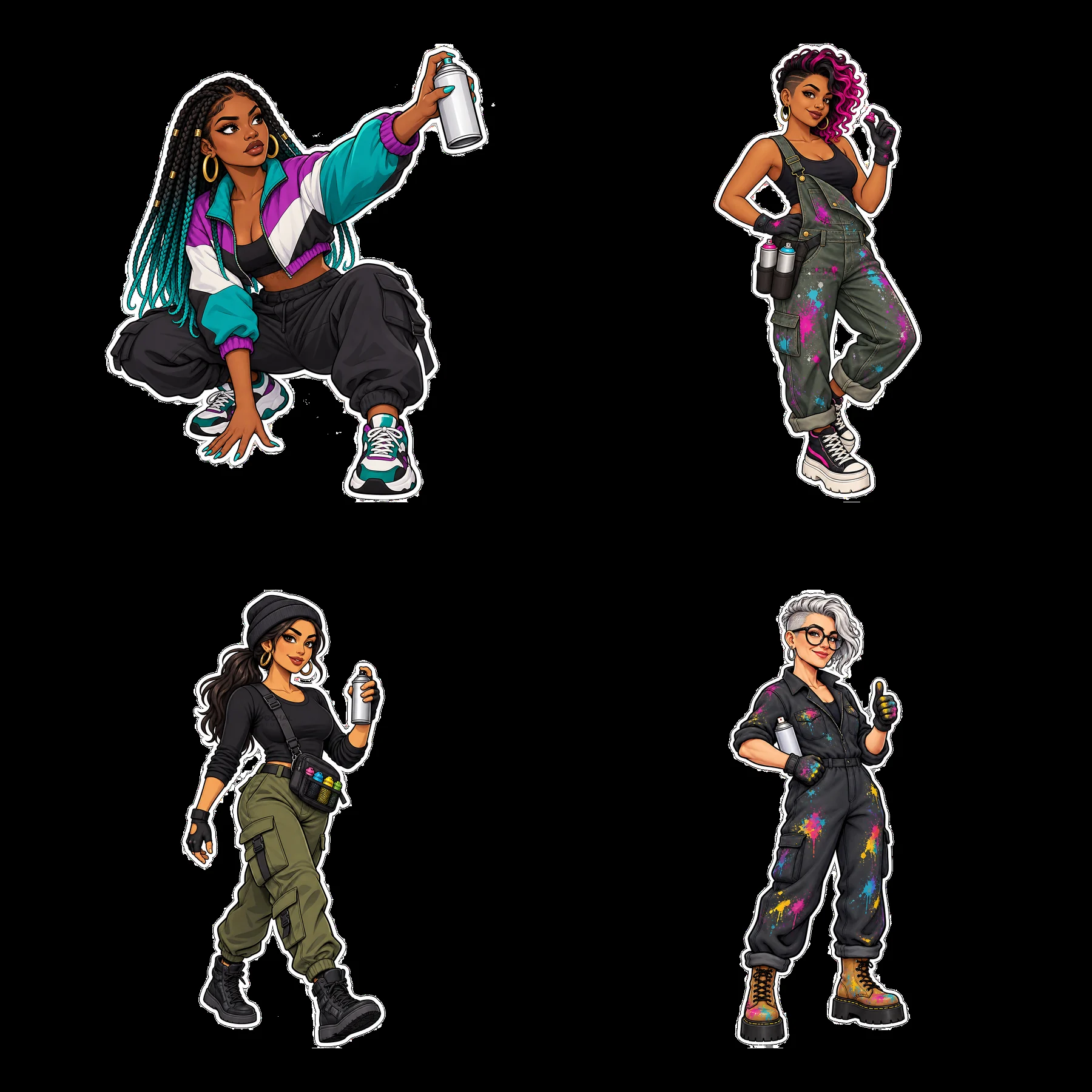 Four stylish female graffiti sprayers with spray cans and outfits - AI-generated stock image