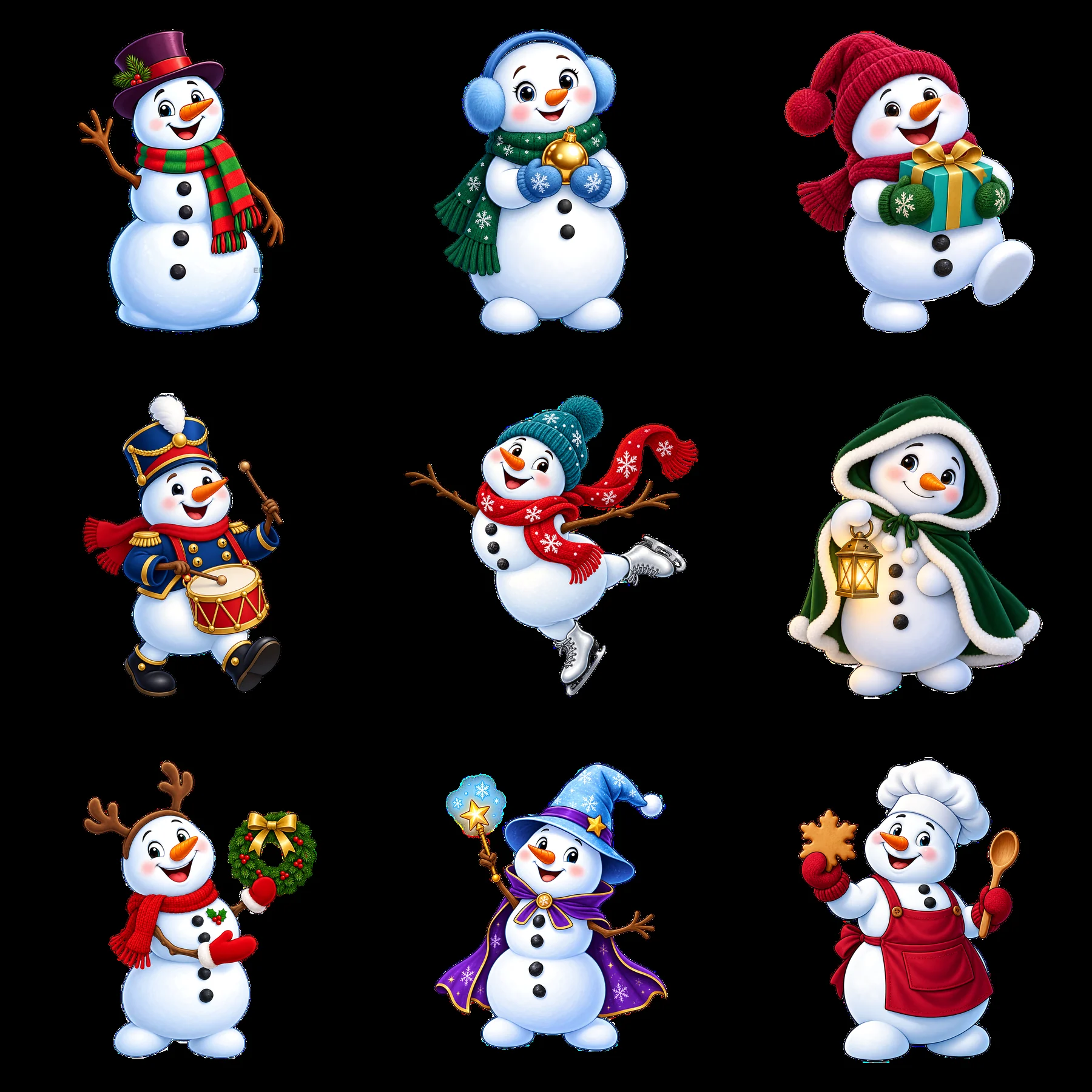 Christmas snowmen in festive poses with accessories - AI-generated stock image