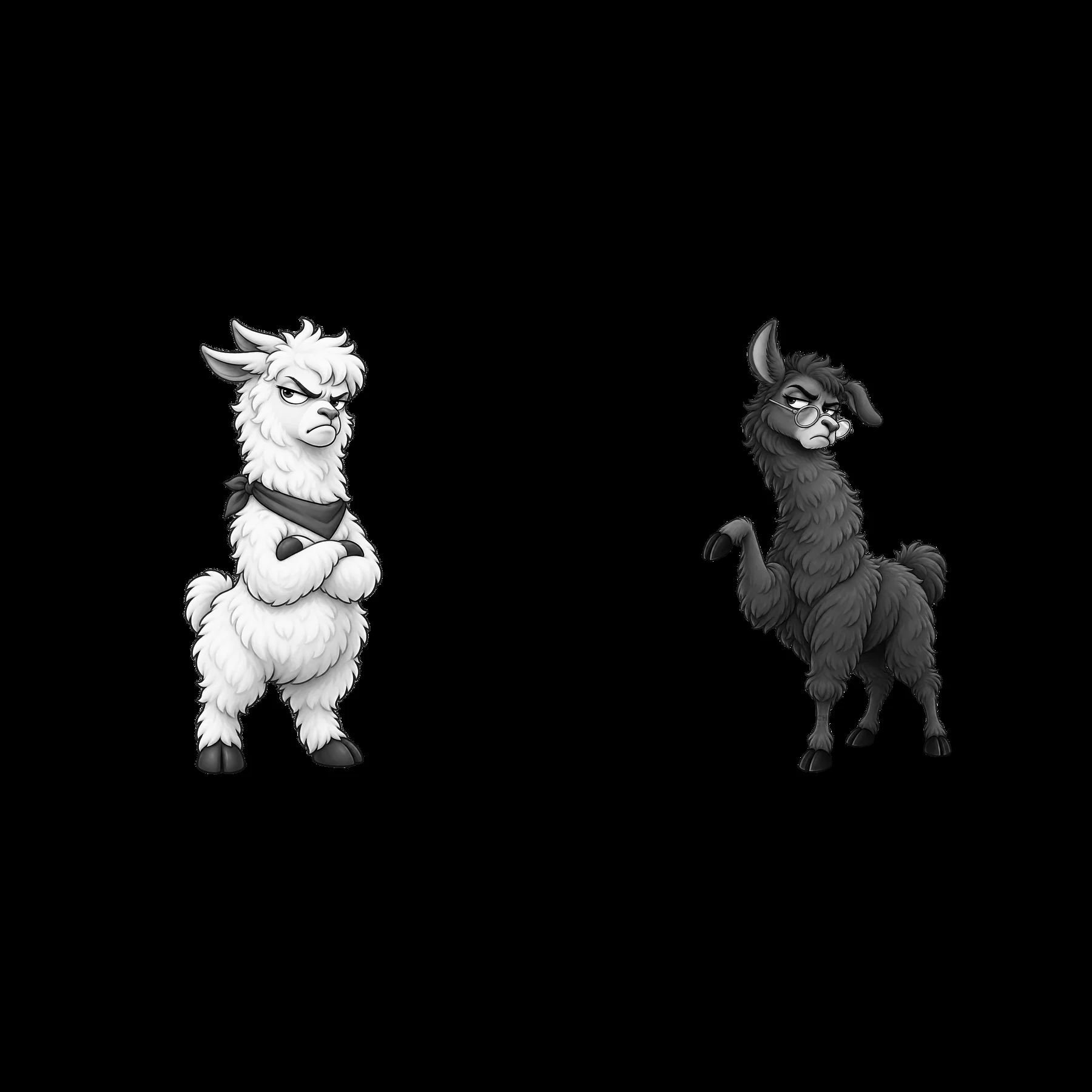 Grumpy llama characters in black and white sticker design - AI-generated stock image