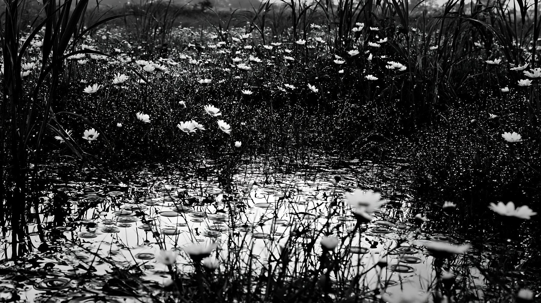Black and white niigata floodplain restoration meadow dew foreground - AI-generated stock image